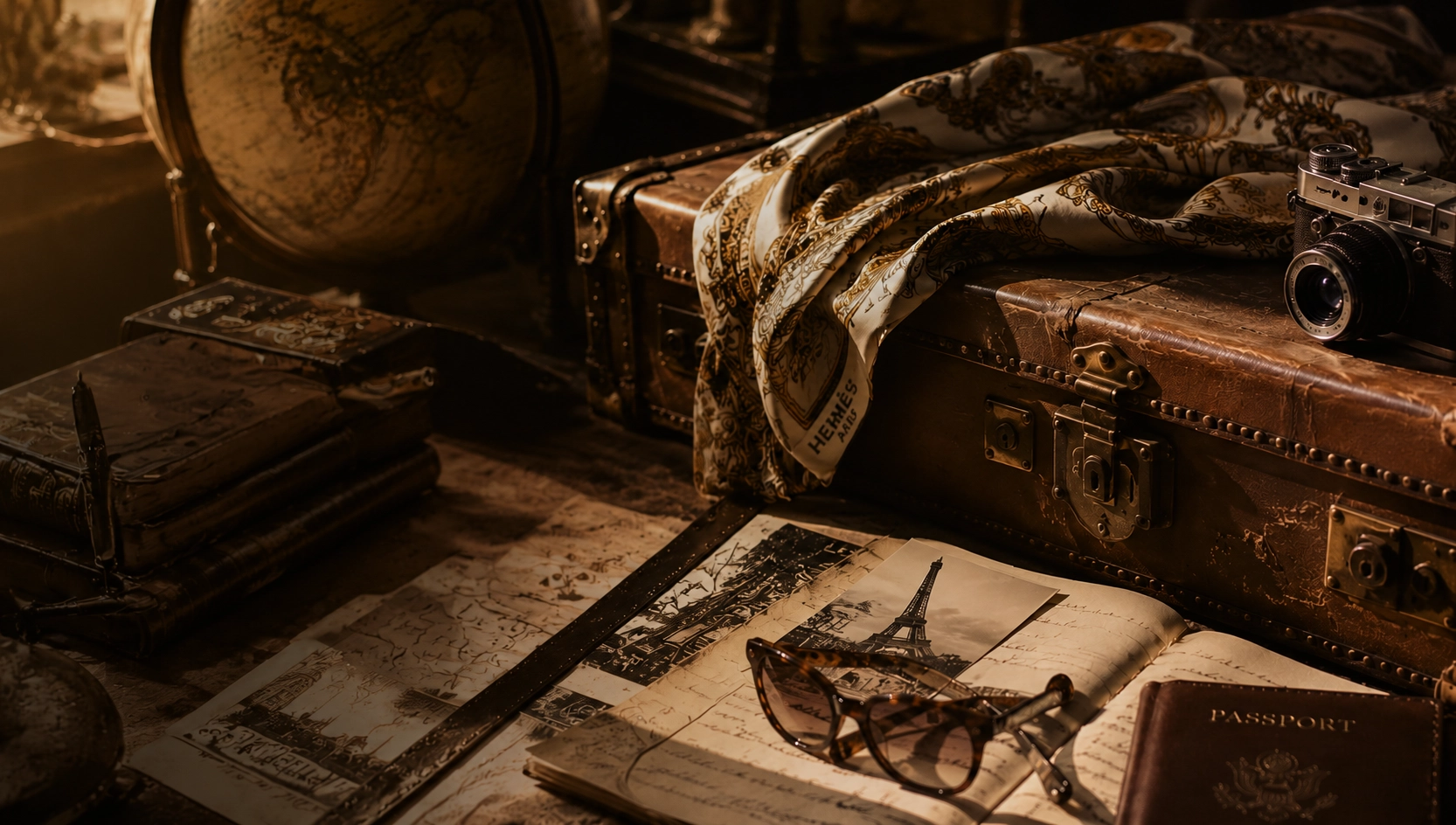 Vintage travel — leather trunk, Hermès scarf, globe, camera and Paris postcards