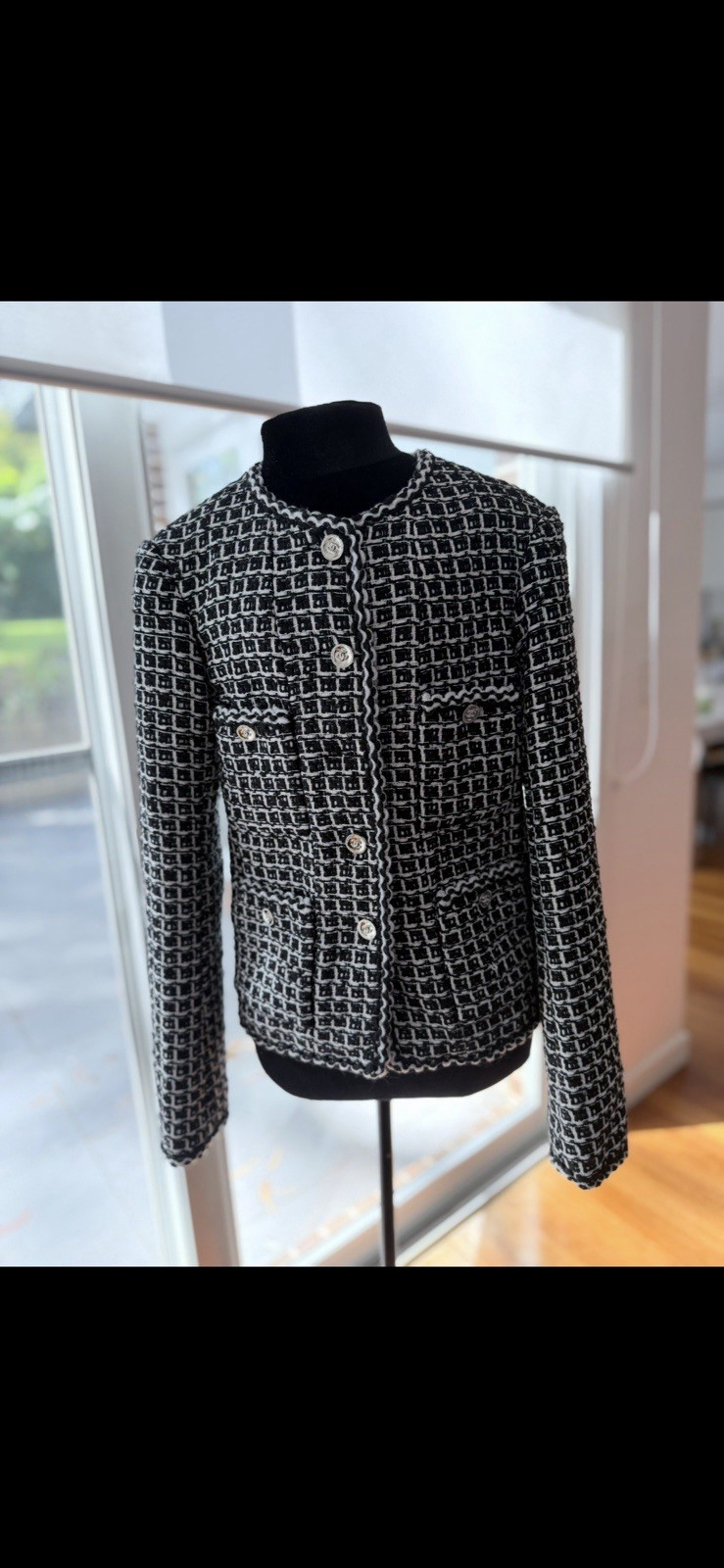 Authentic CHANEL 23B Black & White Grid Tweed Braided Trim 4-Pocket Jacket