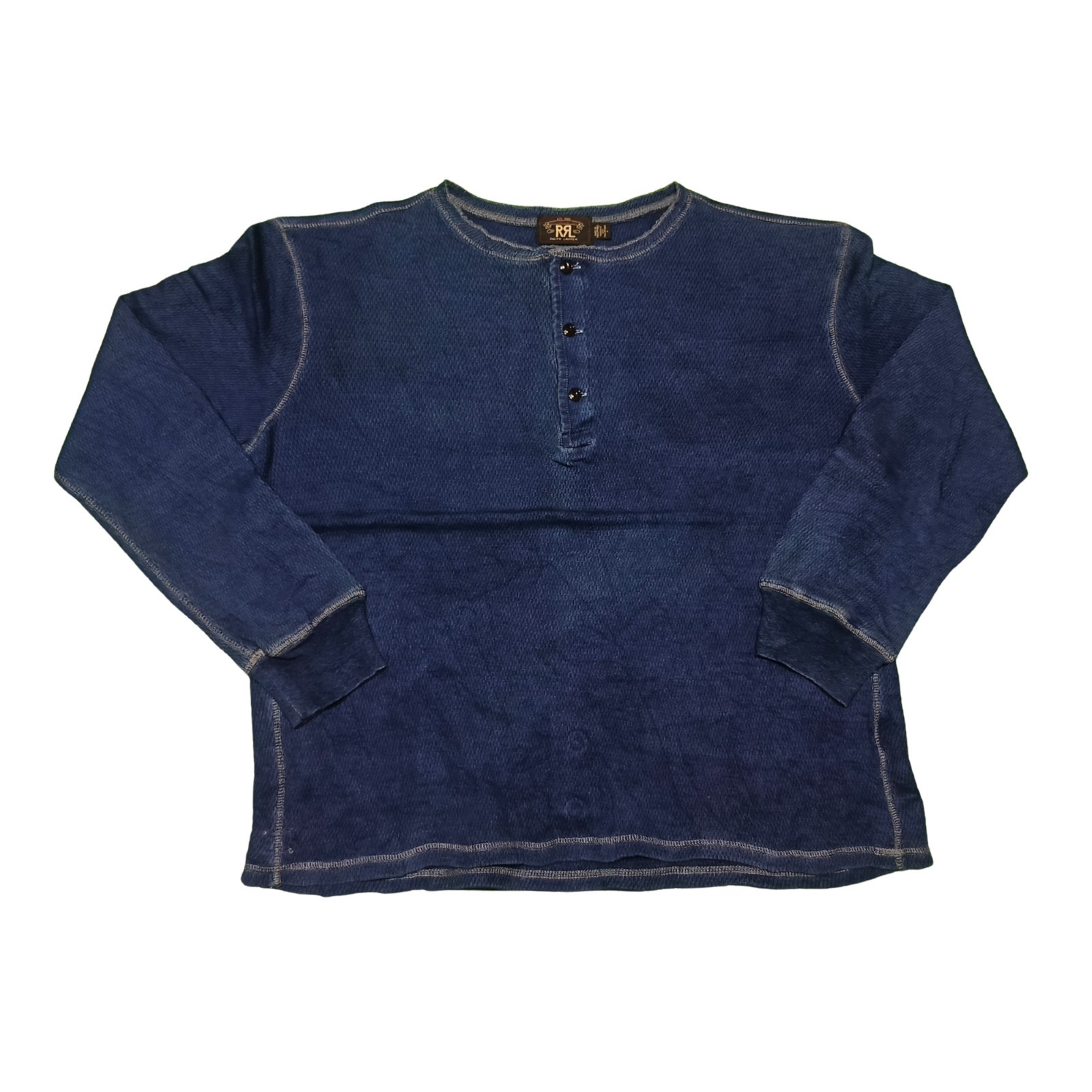 RRL Double RL Ralph Lauren Indigo Henley Sweater Mens L Vintage Textured Knit
