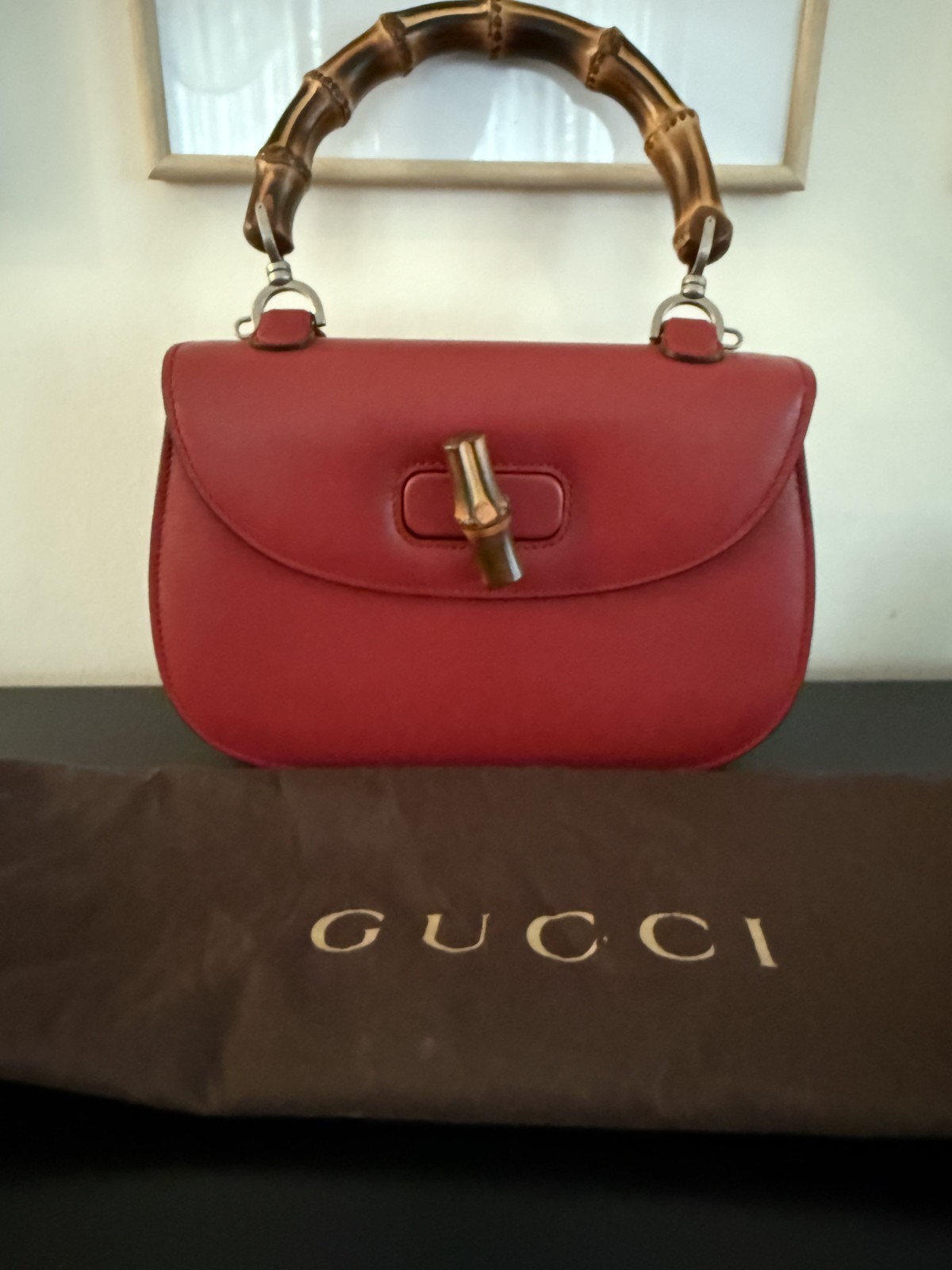 GUCCI Bamboo Top Handle Red Hand Bag Leather Medium Vintage