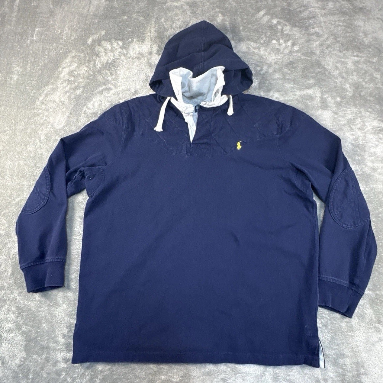 Vintage Polo Ralph Lauren Rugby Hoodie Polo Mens L Blue Quilt Elbow Patch Preppy