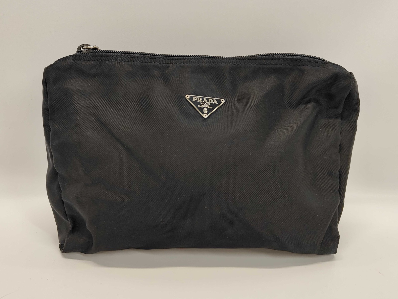 PRADA Vintage Black Tessuto Nylon Cosmetic Pouch Makeup Bag Triangle Logo Italy