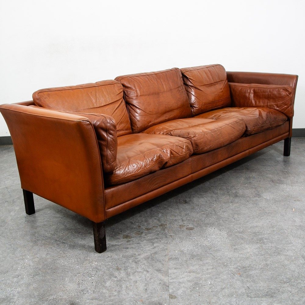 Mid Century Danish Modern Sofa Settee 3 Seater Brown Cognac Leather Denmark Mcm