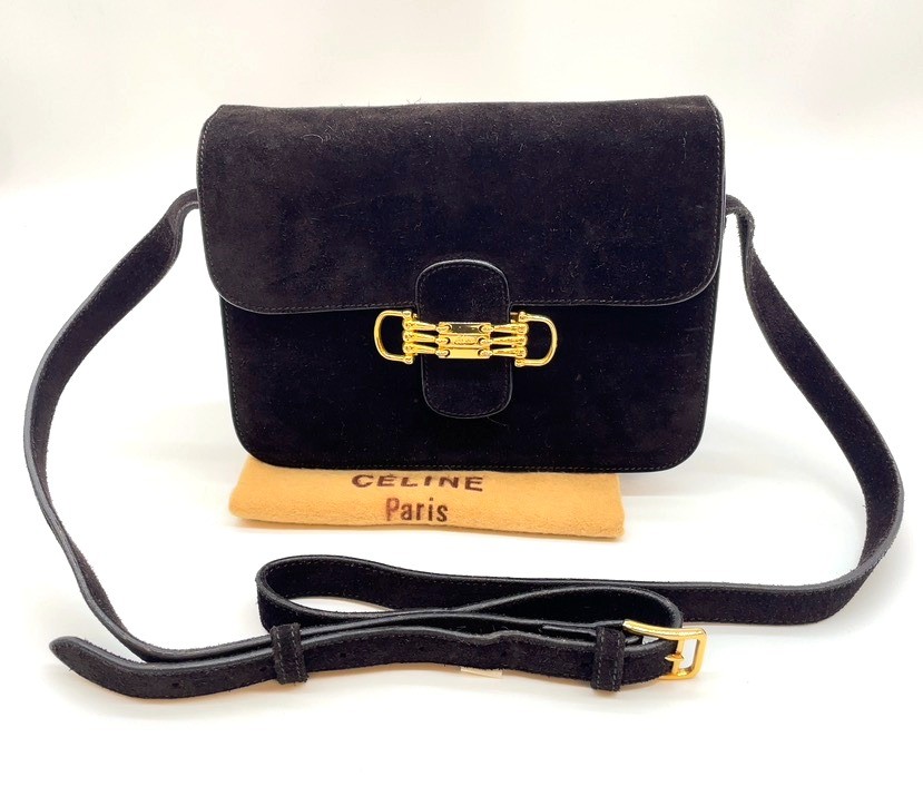 Auth Celine Vintage Triple Horsebit Suede Black Flap Shoulder Bag W/D NS091290