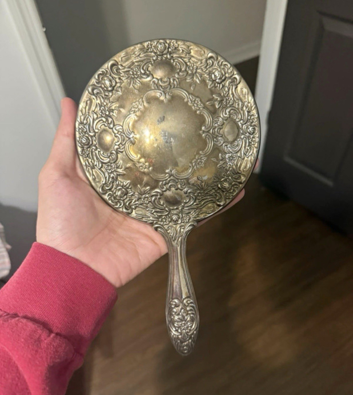 Vintage Silver Plated Hand Held Vanity Mirror Floral