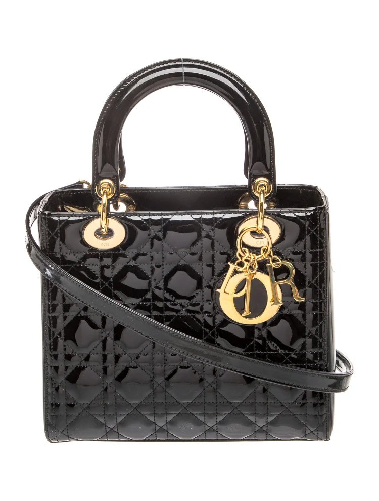 Christian Dior Lady Dior Medium Cannage Patent Leather Black Gold Hardware Bag