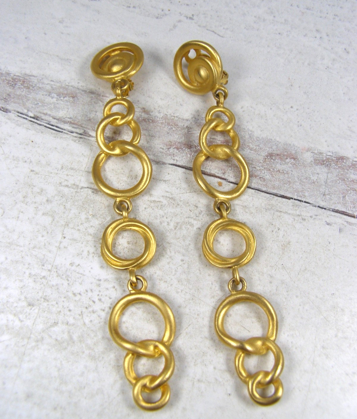 Vintage Givenchy Matte Brushed Gold Finish Chain Link Dangle Clip On Earrings