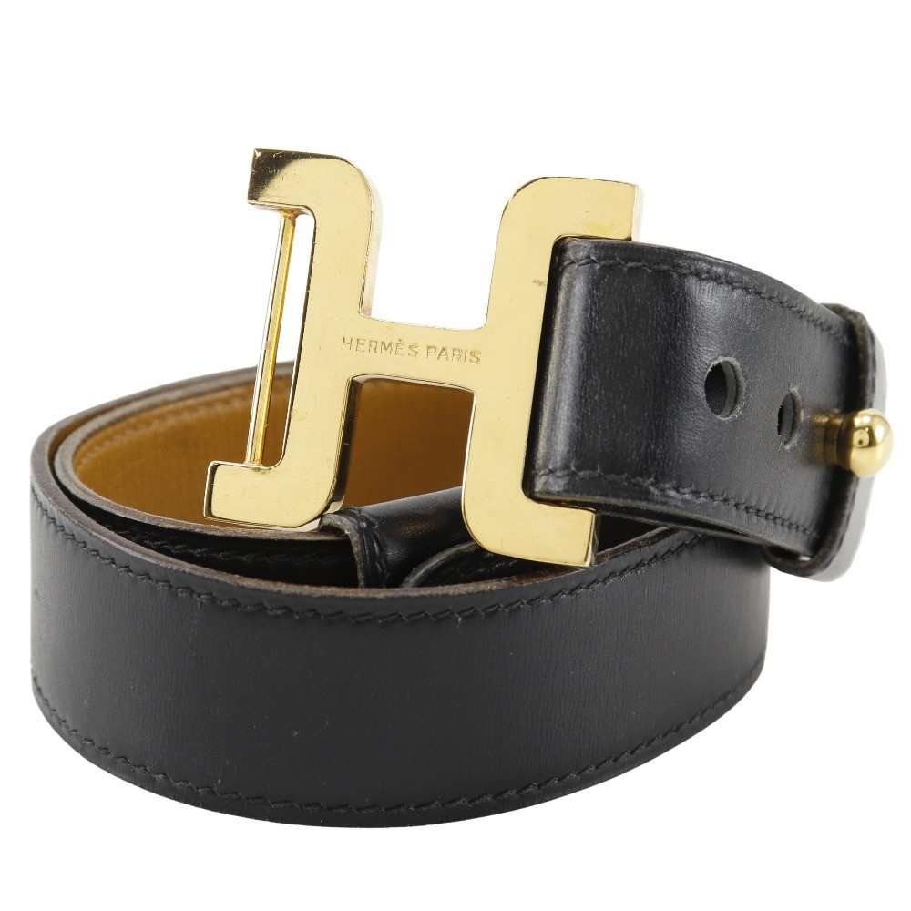 HERMES H belt belt vintage black Calfskin/Plated Gold Women