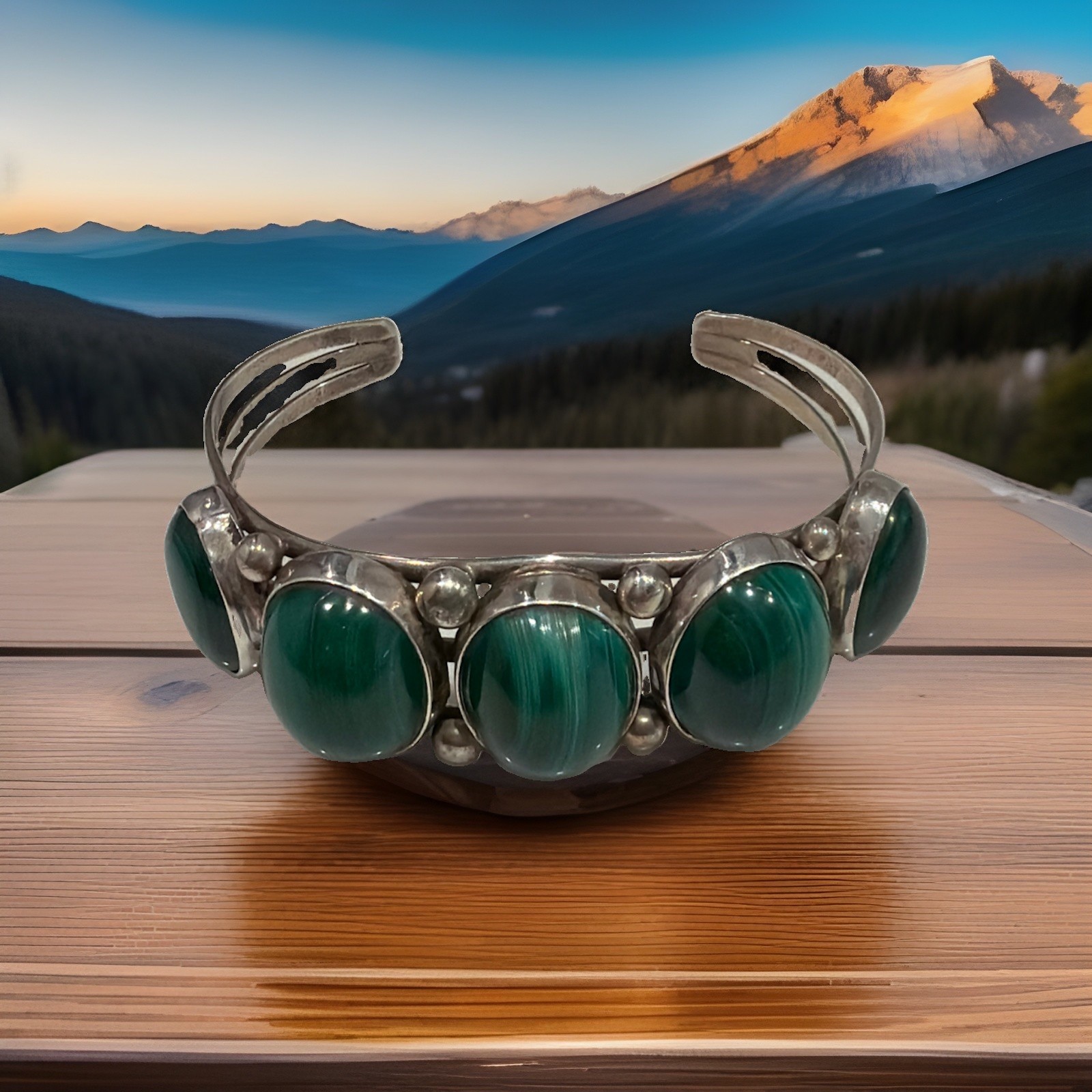 Vintage Navajo Sterling Silver Malachite Large Stones Cuff 44.1g Signed Sz 8.5”