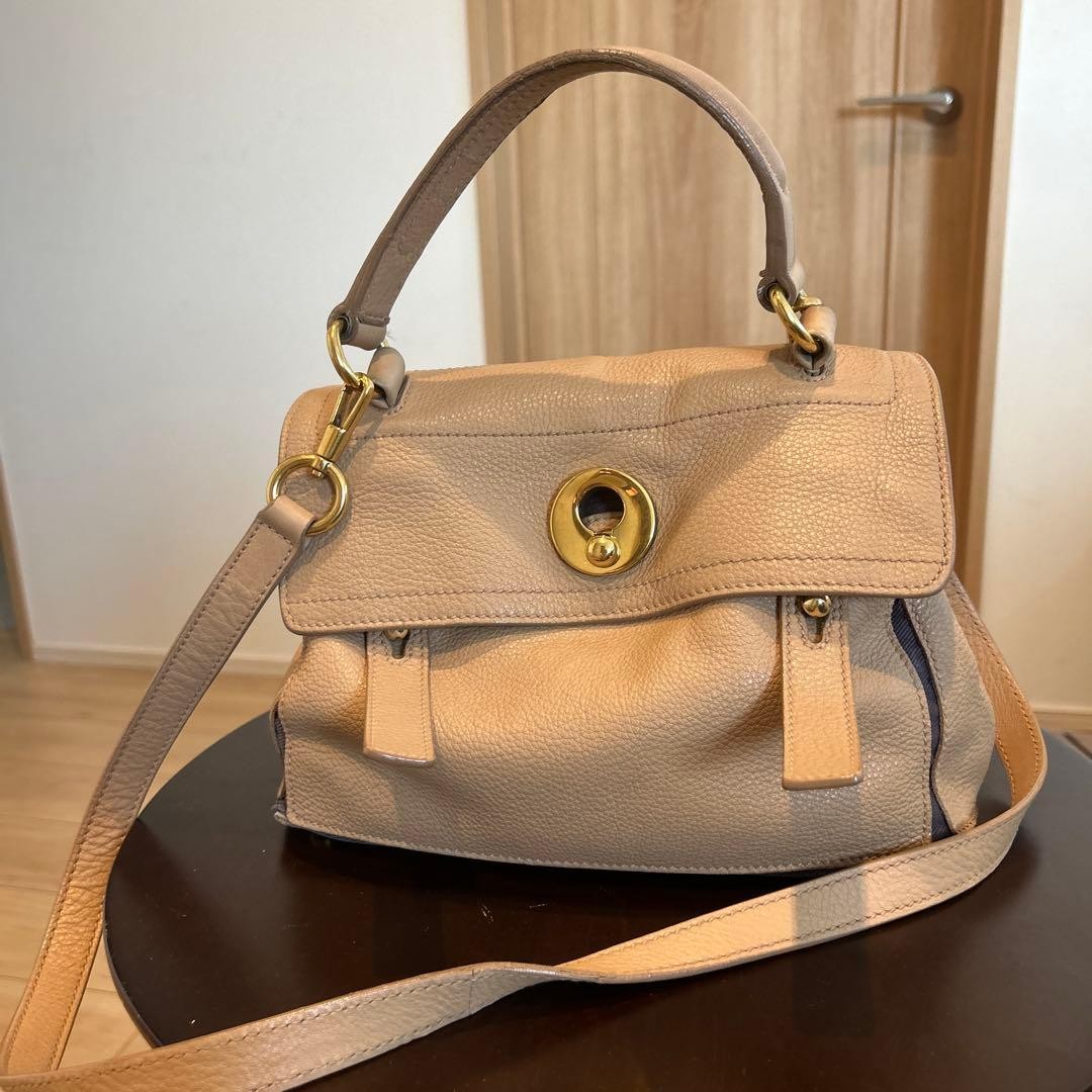 Yves Saint Laurent Muse Two 2Way Handbag Beige Leather Canvas Shoulder Bag