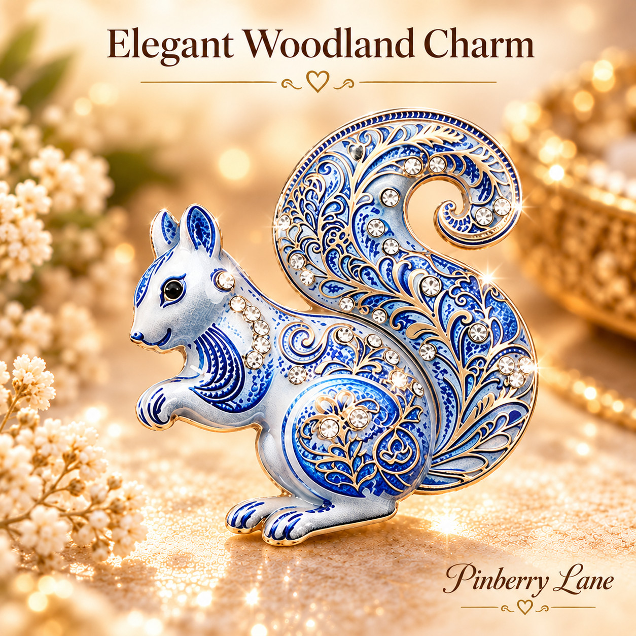 Blue Squirrel Brooch Pin Rhinestone Enamel Animal Jewelry Vintage Style Gift