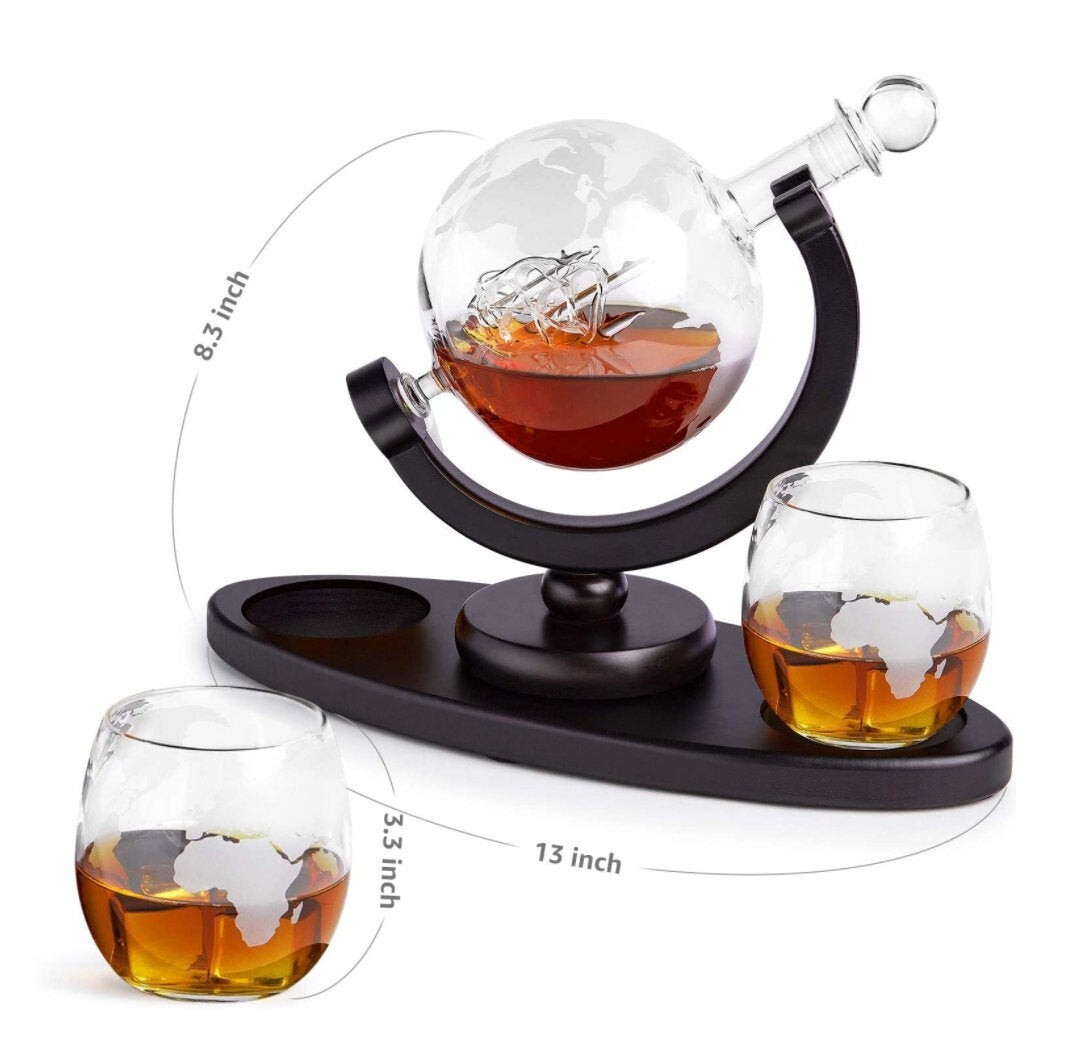 Globe Decanter and With Antique Ship and 2 Whiskey Glasses 850ml