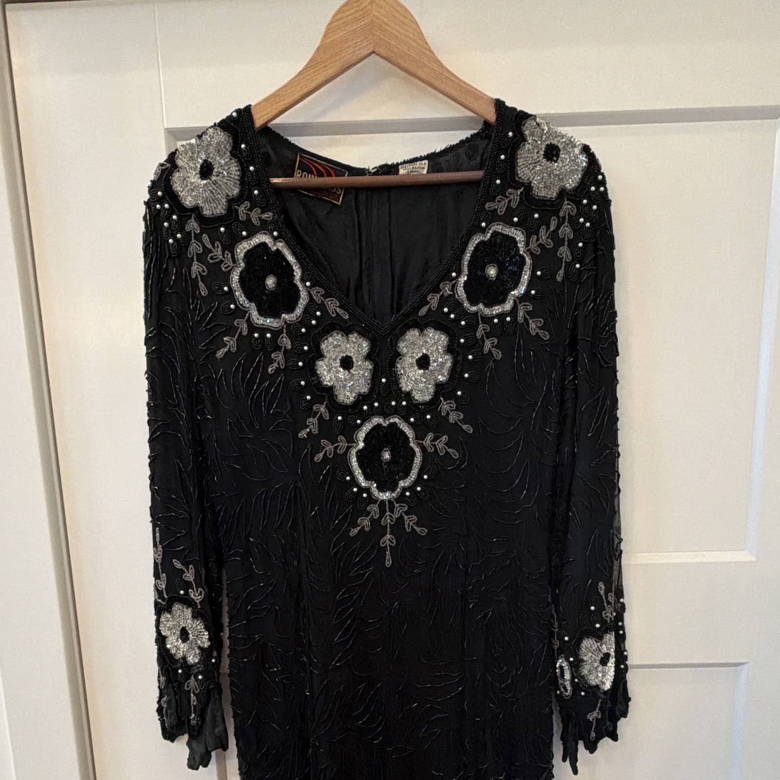 Vintage Silk Flapper Girl Dress Black Size M Made In India Sequins Beads