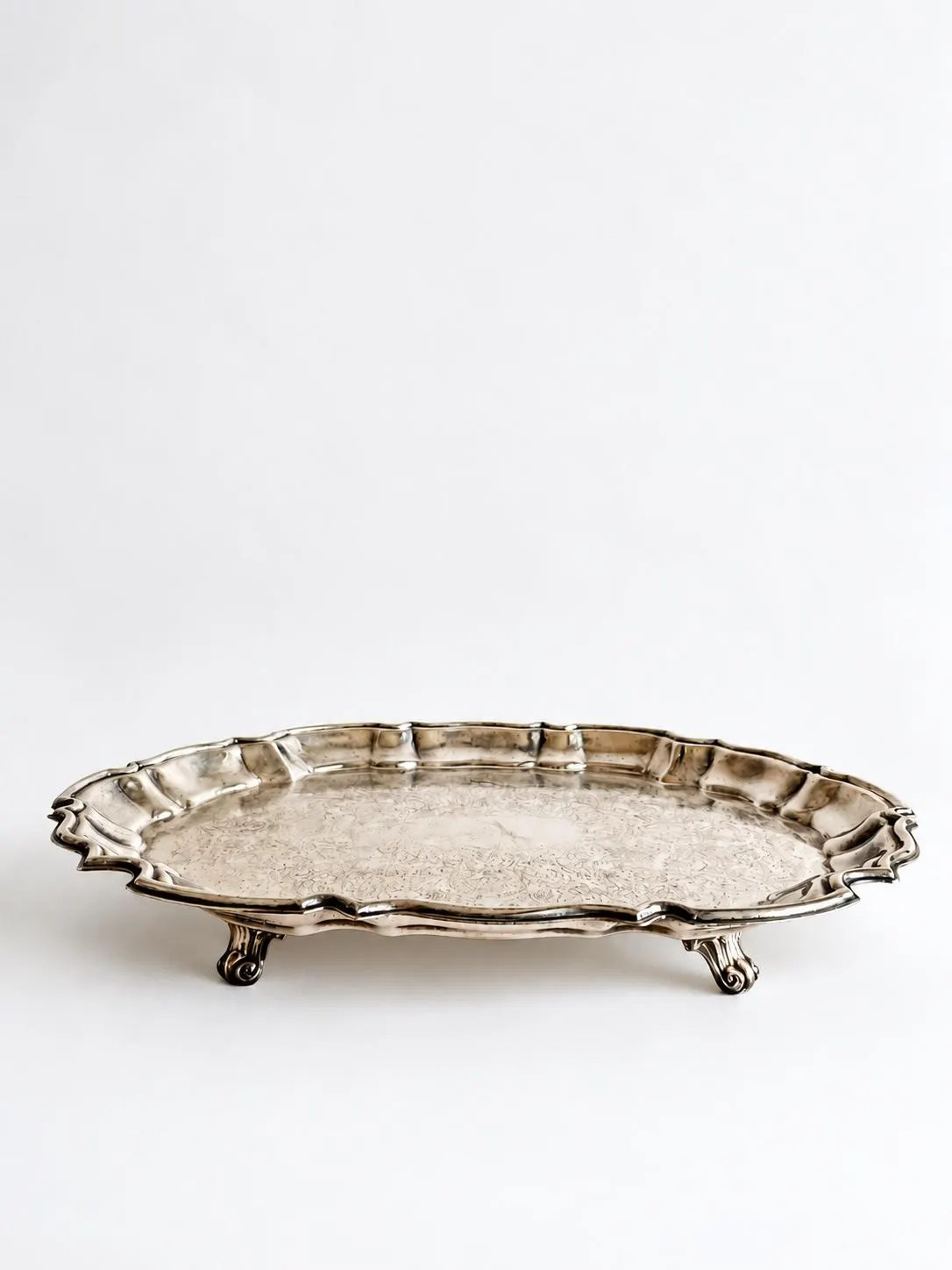 Vintage Silver Tone Oval Footed Serving Tray Scalloped Rim Engraved Center