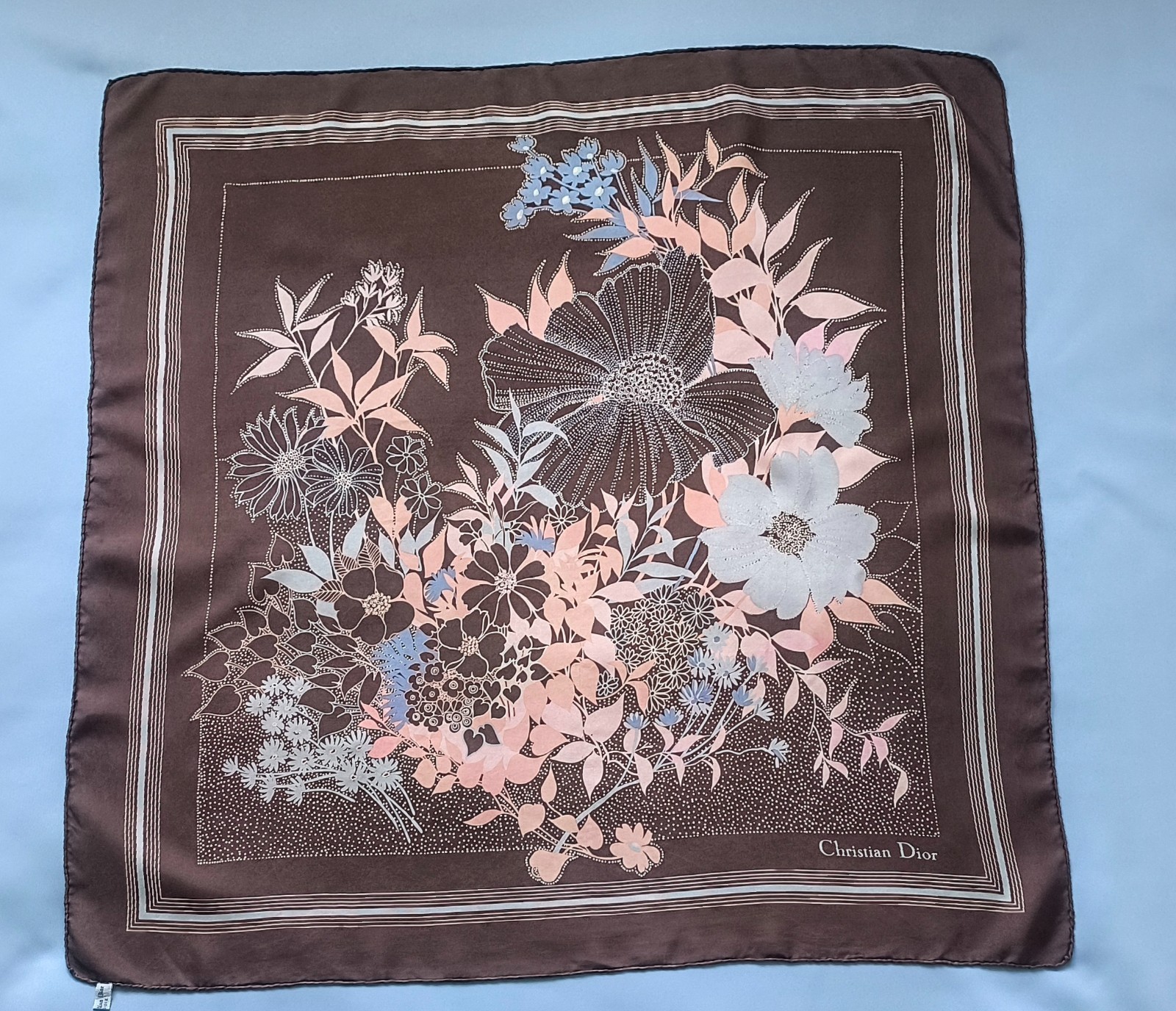 Vintage Christian Dior Silk Scarf Brown Floral Made in France Hand Rolled Carre
