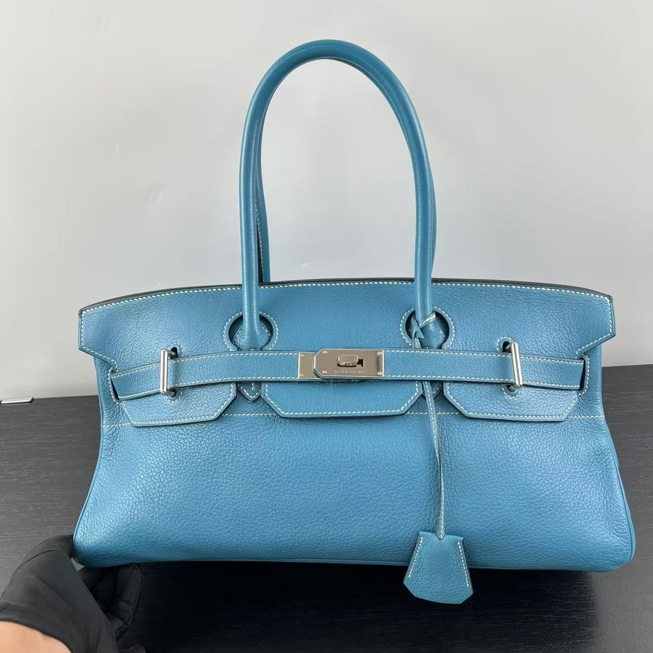 Auth Hermès Birkin Shoulder 42 Handbag Blue Leather Palladium Hardware Vintage