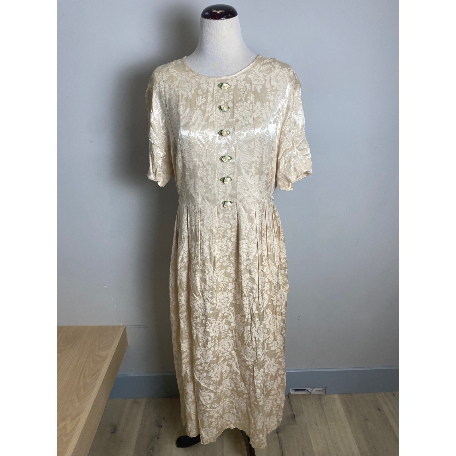 Vintage 90s Floral Satin Jacquard Maxi Dress Cream Rosebud Button Tie Back  L