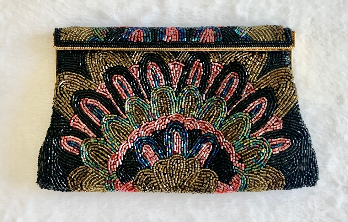 Vintage Beaded Evening Bag Clutch Art Deco Peacock Fan Purse Shoulder