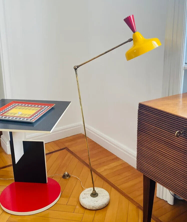 "Eye-Catching Mid-Century Modern Floor Lamp Yellow and Red Combo"