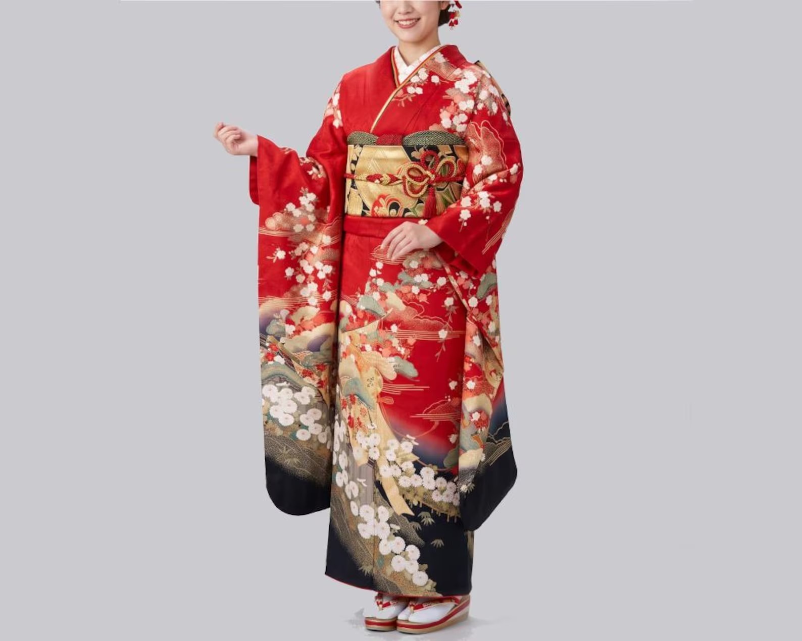 Vintage Silk Furisode Kimono: Japanese Wedding Robe, Hikizuri
