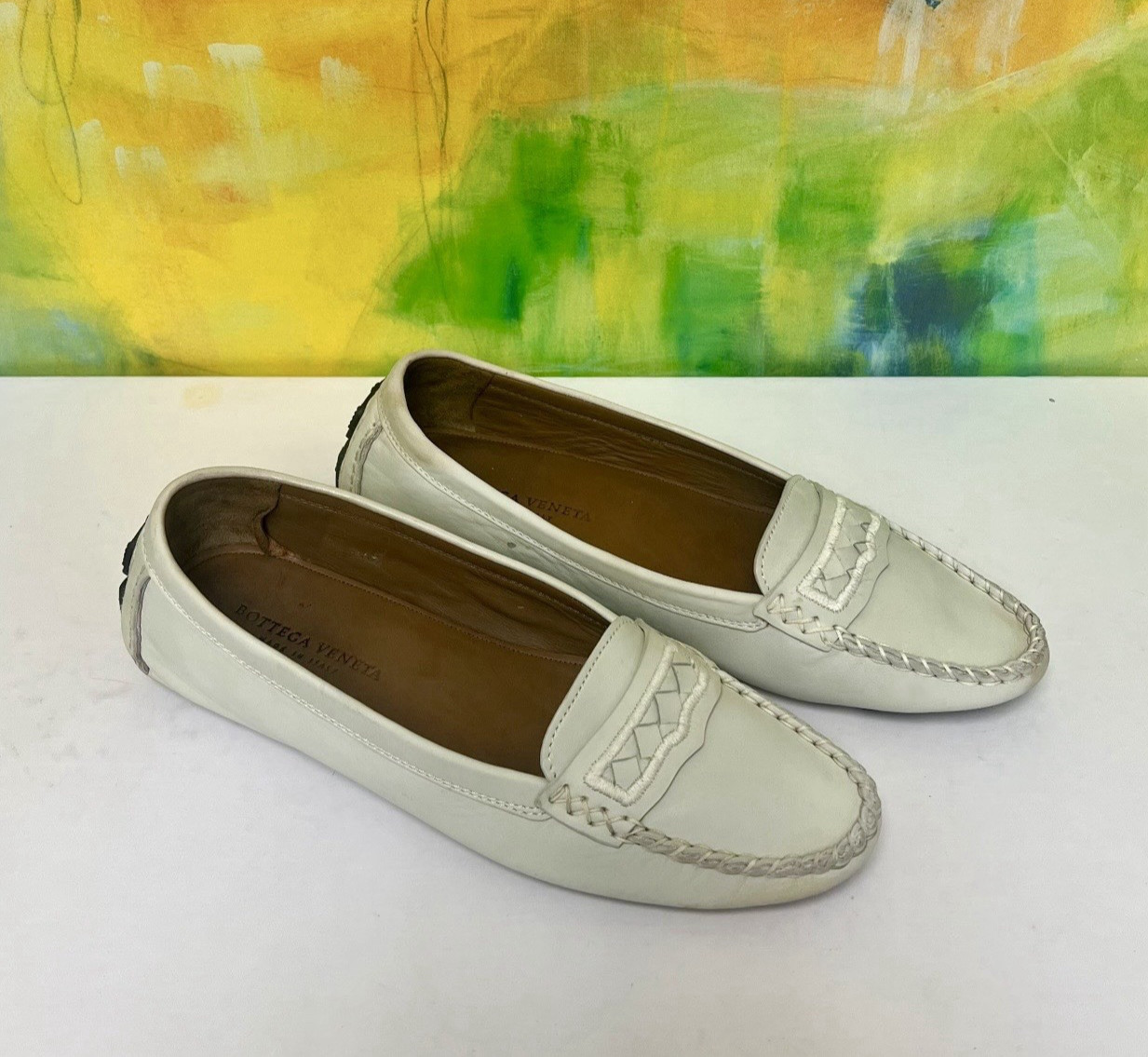 Vintage BOTTEGA VENETA Rare Cream Intrecciato Pebbled Woven Leather Loafers 37/7