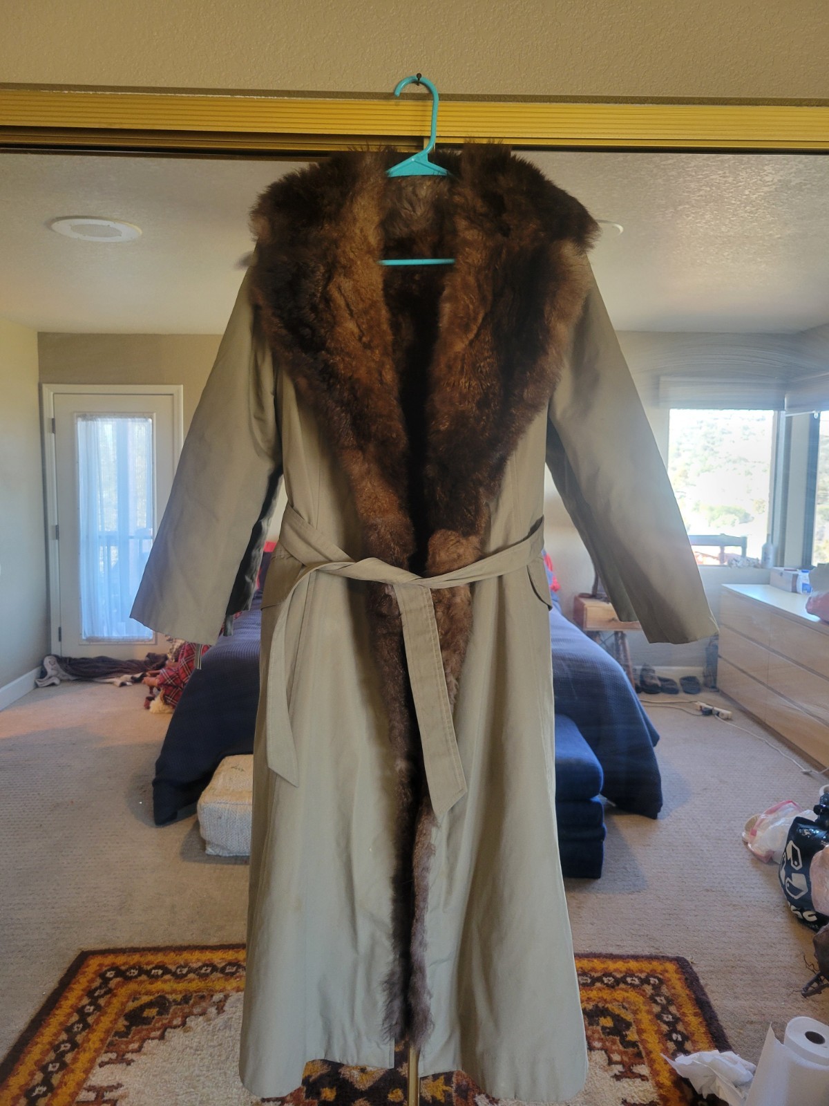VINTAGE 1970S COAT, FUR LINED TRENCH COAT, BOHEMIAN, GLAM ROCK, M/L