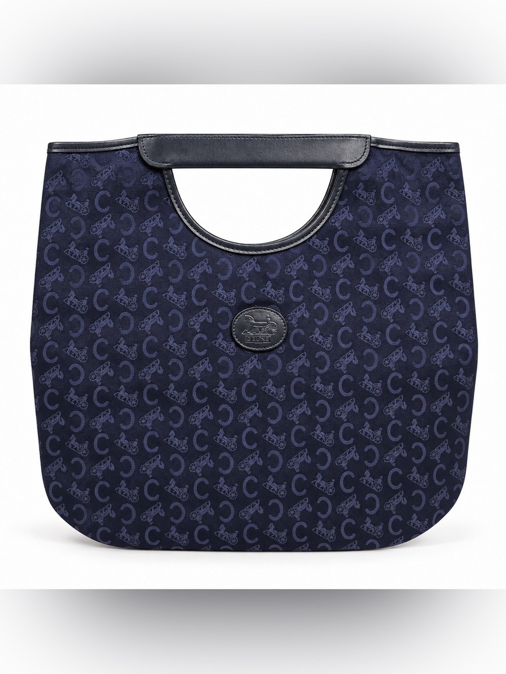 Celine Vintage Navy Horse & Carriage Monogram Jacquard Tote Bag COA