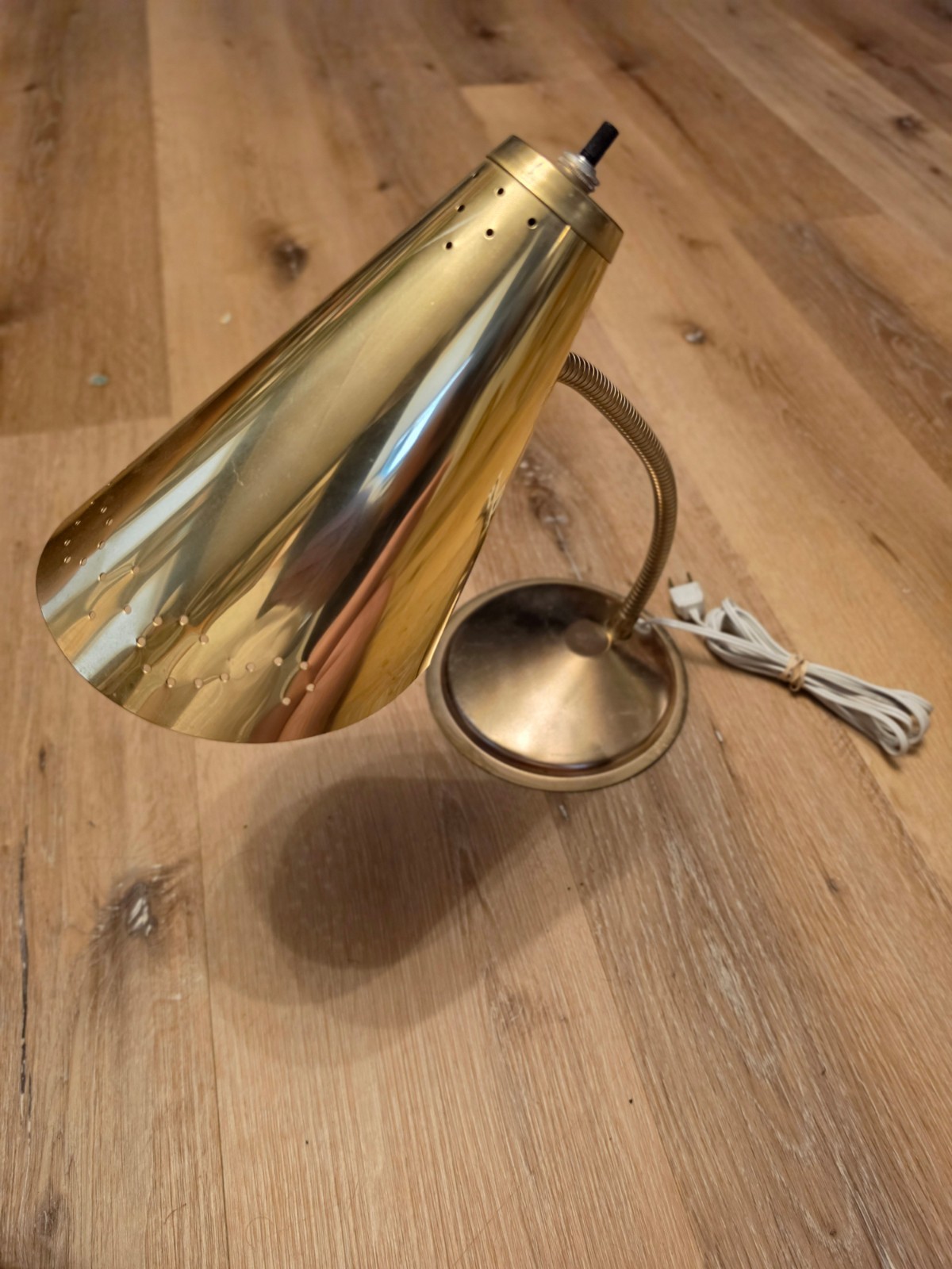 Vintage MCM Mid Century Bullet Cone Pinhole Gold Gooseneck Desk Lamp