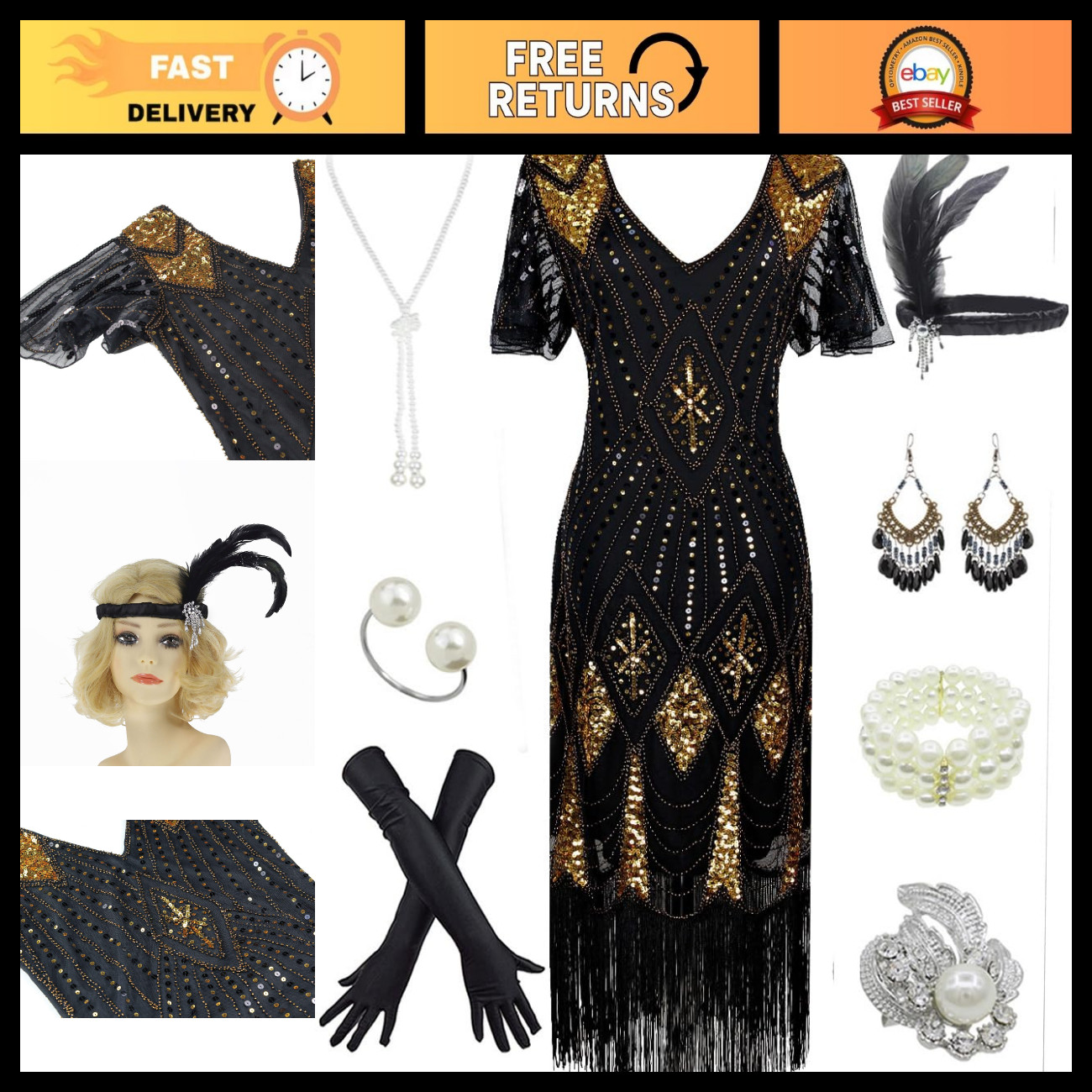 1920s Gatsby Inspired Flapper Dress with Sequin Beads & Fringe, Black & Gold, Sm