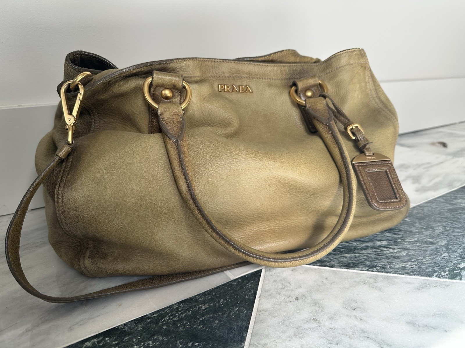 Vintage Prada Cervo Antik Deerskin Leather Tote – Olive Bronze – Shoulder Strap
