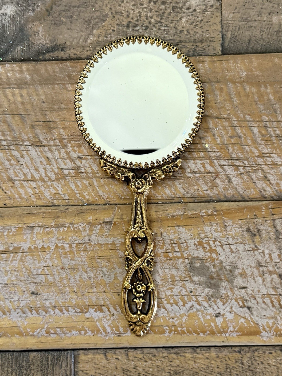 Vintage Hand Mirror Small Ornate Gold Tone Vanity Handheld Metal Double Sided 7”