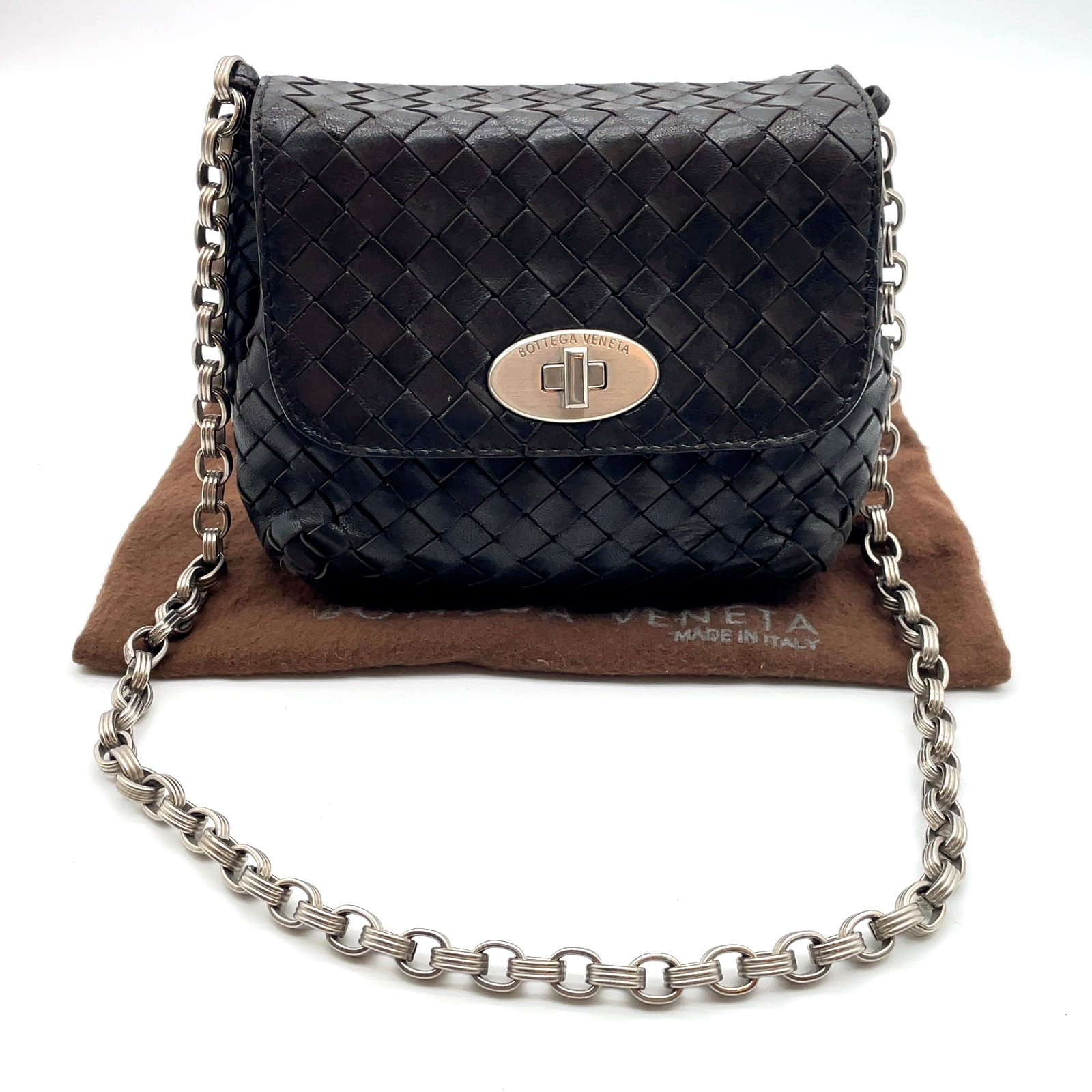 Auth Bottega Veneta Intrecciato Leather Black Chain Shoulder Bag W/Dbag NS100012