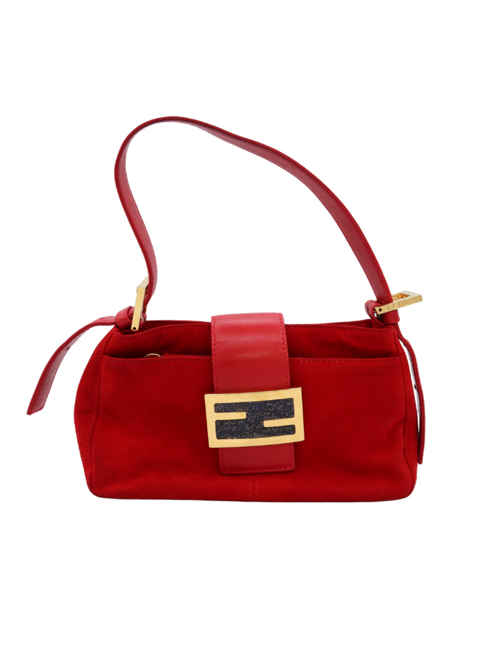 Fendi Vintage Mamma Baguette Red Suede Shoulder Bag with Glitter FF Buckle