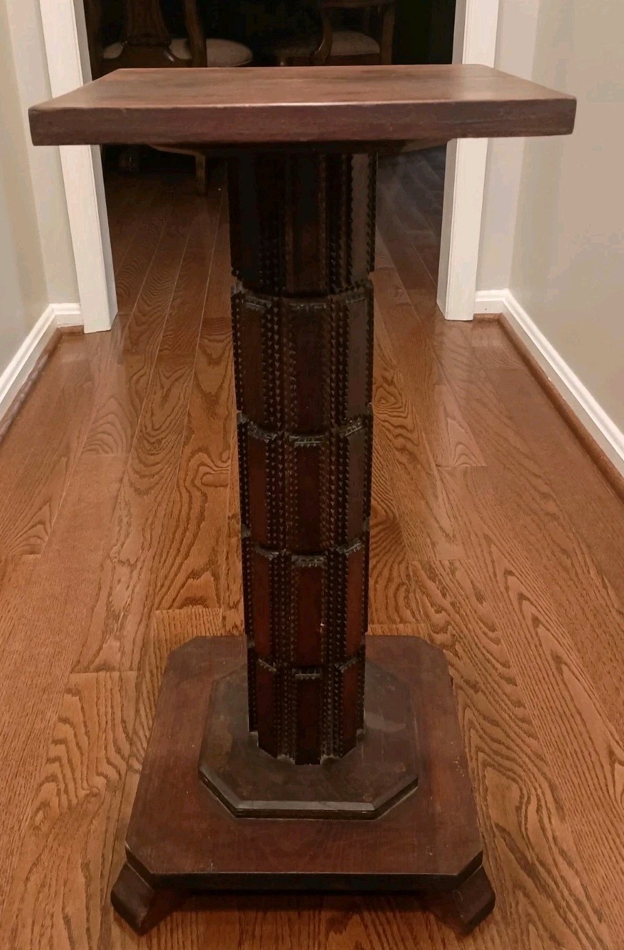 Antique Art Deco or Tramp Art Carved Wood Side Table Plant Stand