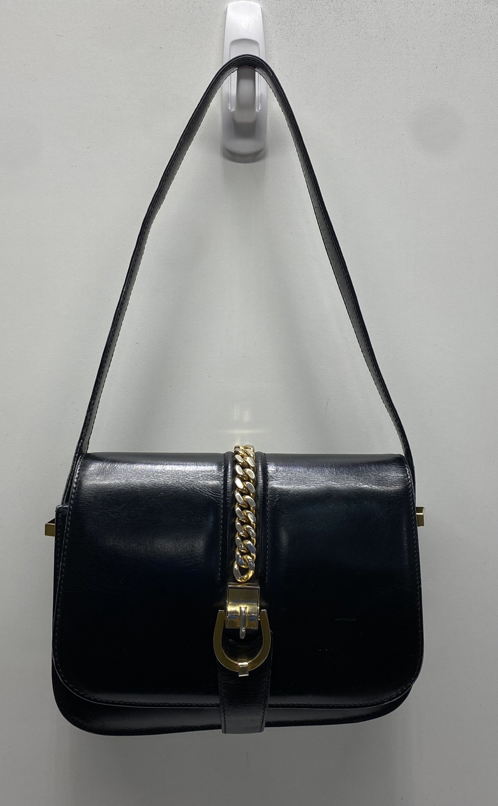 Vintage Yves Saint Laurent Black Leather Flap Shoulder Bag Gold Chain Italy