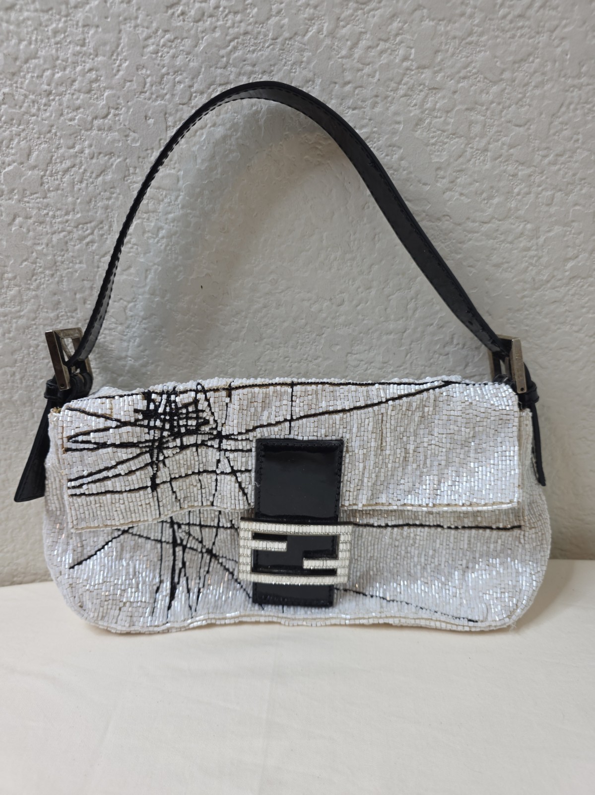 Vintage Fendi White Beaded Scribble Baguette Shoulder Bag