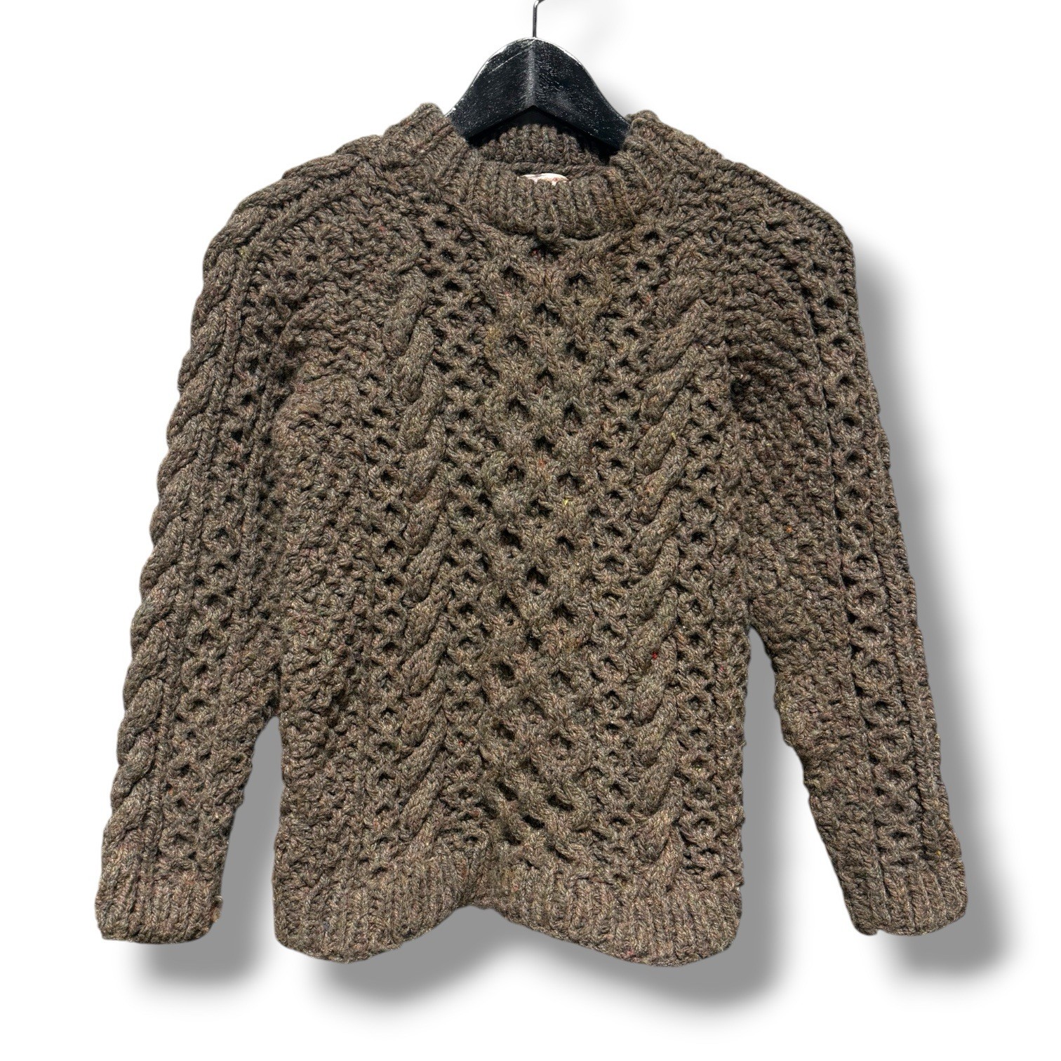 Vintage Hand Knit Wool Aran Fisherman Sweater Small Brown Cable Knit Pullover
