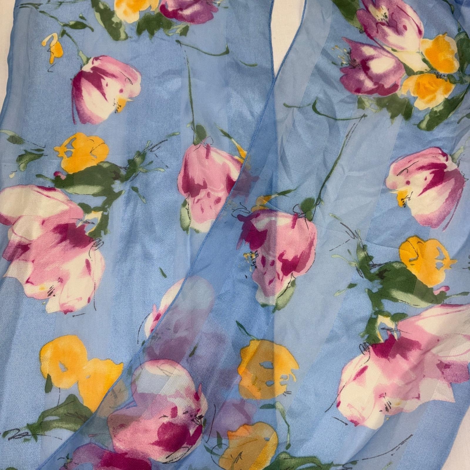 Ralph Lauren 100% Silk Scarf Rectangular Blue Pink Watercolor Floral Chiffon Y2K