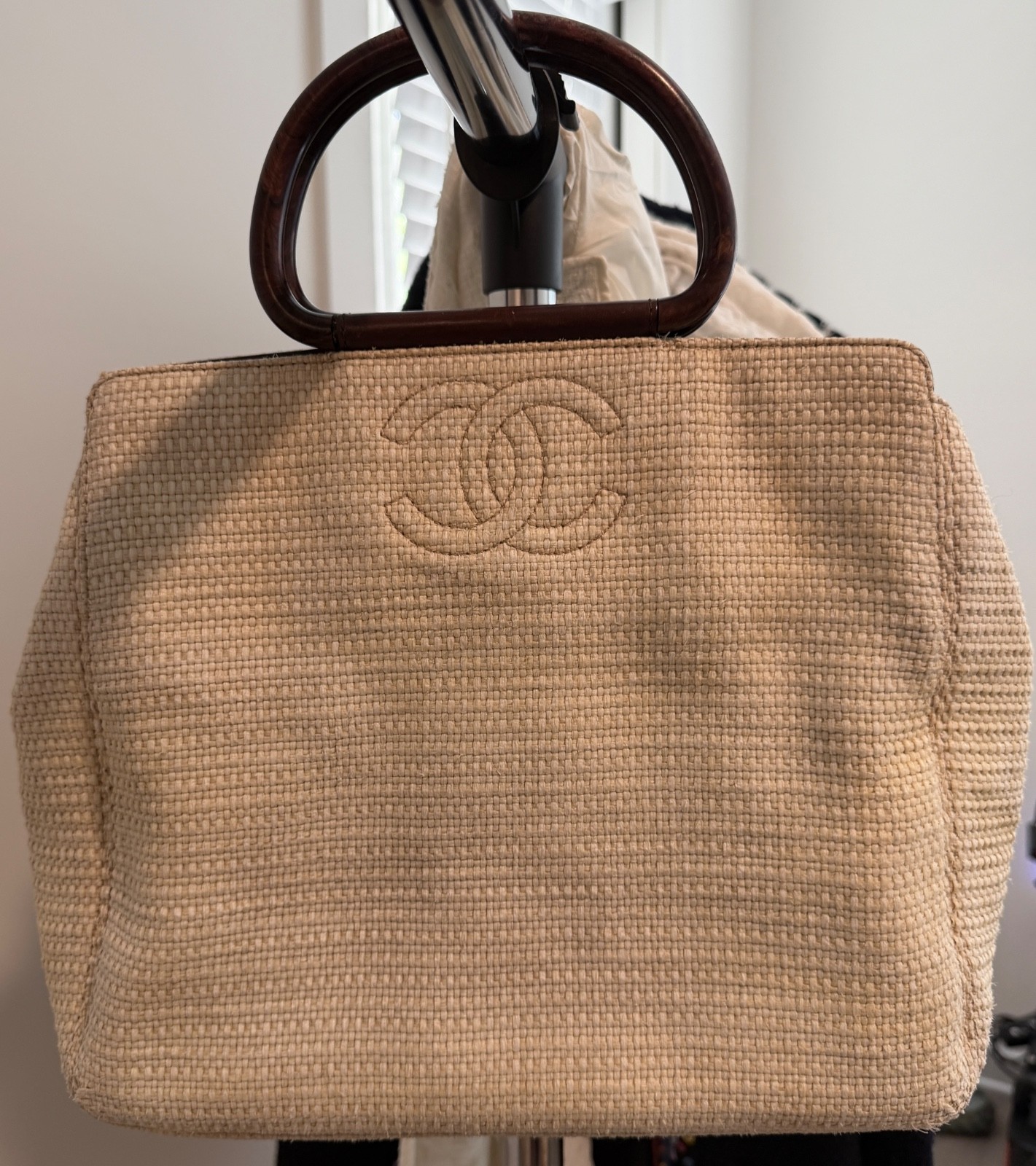 Authentic Vintage CHANEL Beige Woven Raffia CC Top Handle Bag – Fair Condition