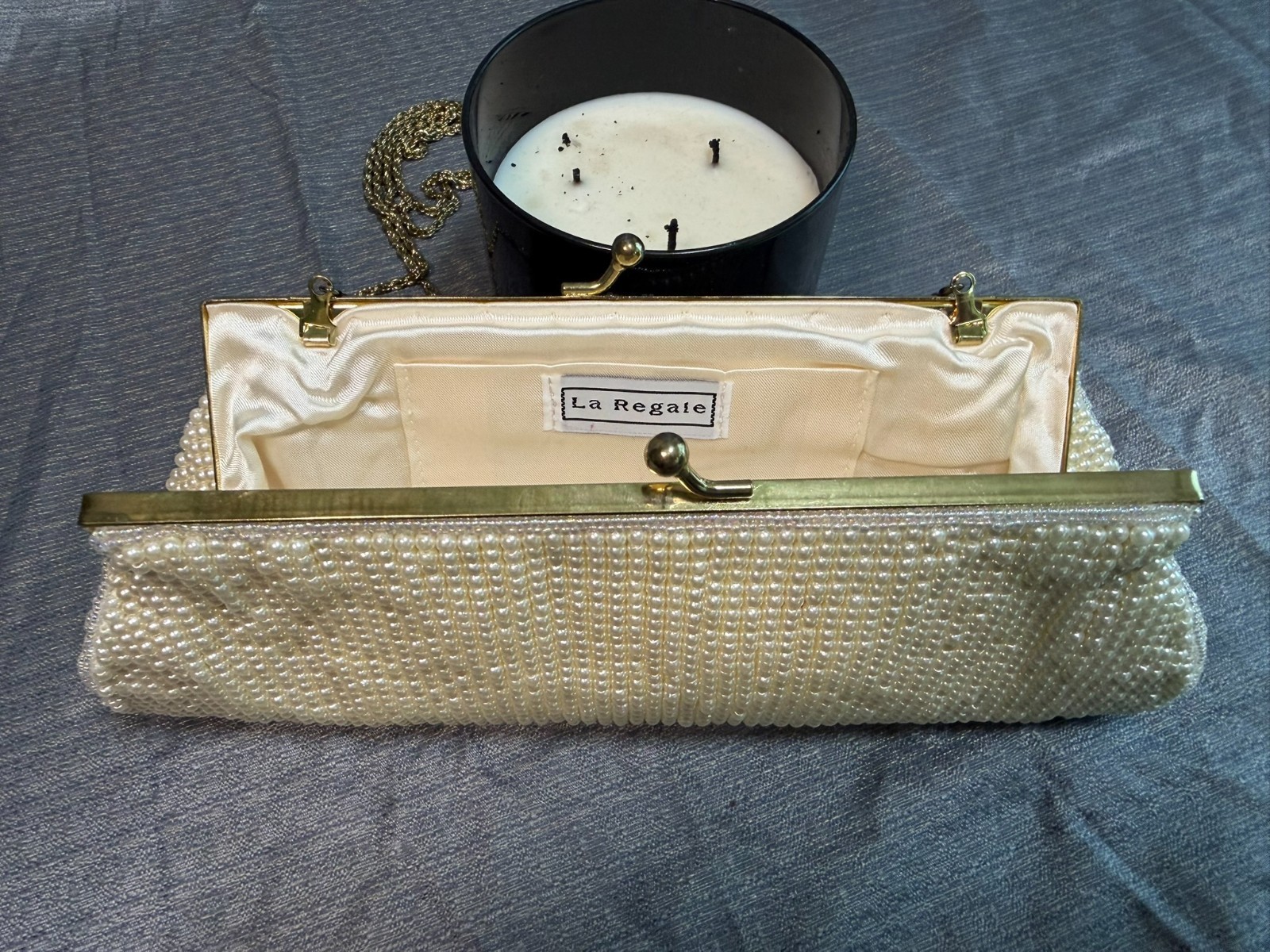 Vintage La Regale Pearl Handbeaded Evening Clutch Bag Cream Ivory Bridal Prom