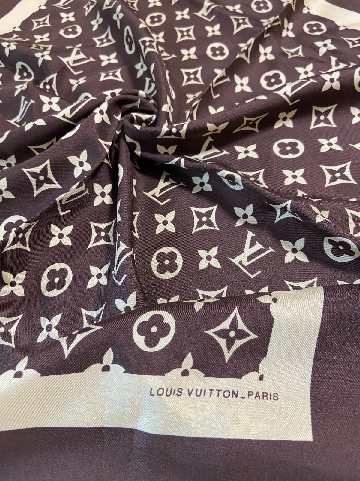 LOUIS VUITTON Silk Scarf 30in Vintage Monogram Brown Cream Classic France