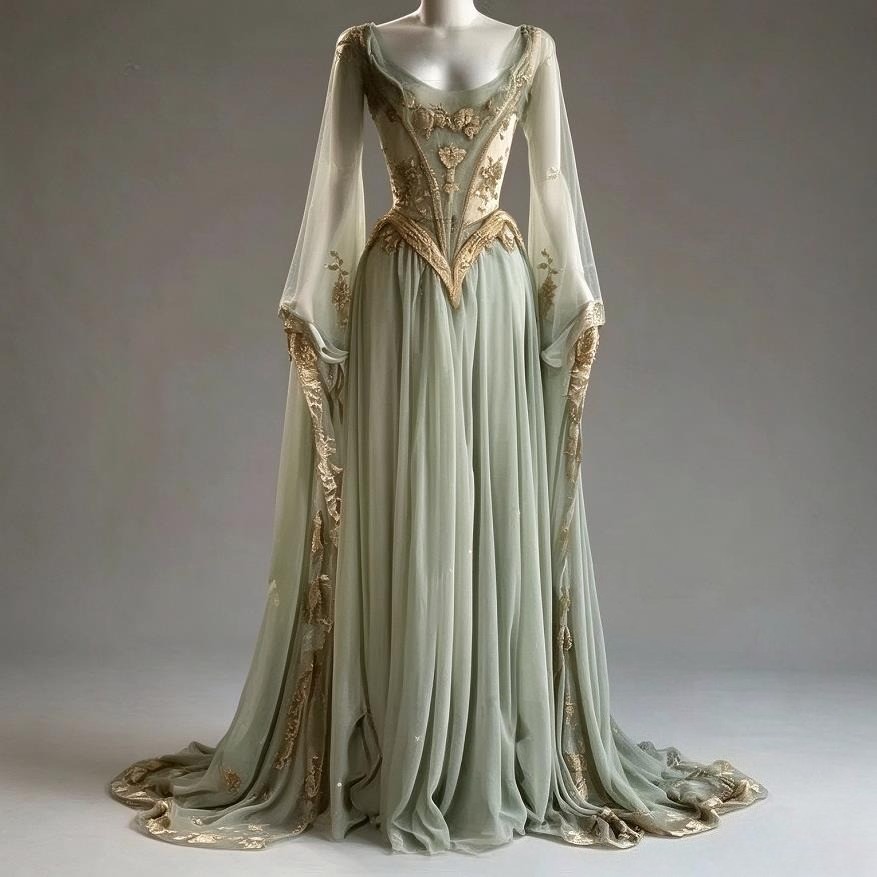 Flare Sleeves Long Evening Dress Vintage Victorian Sage Chiffon Gold Appliques