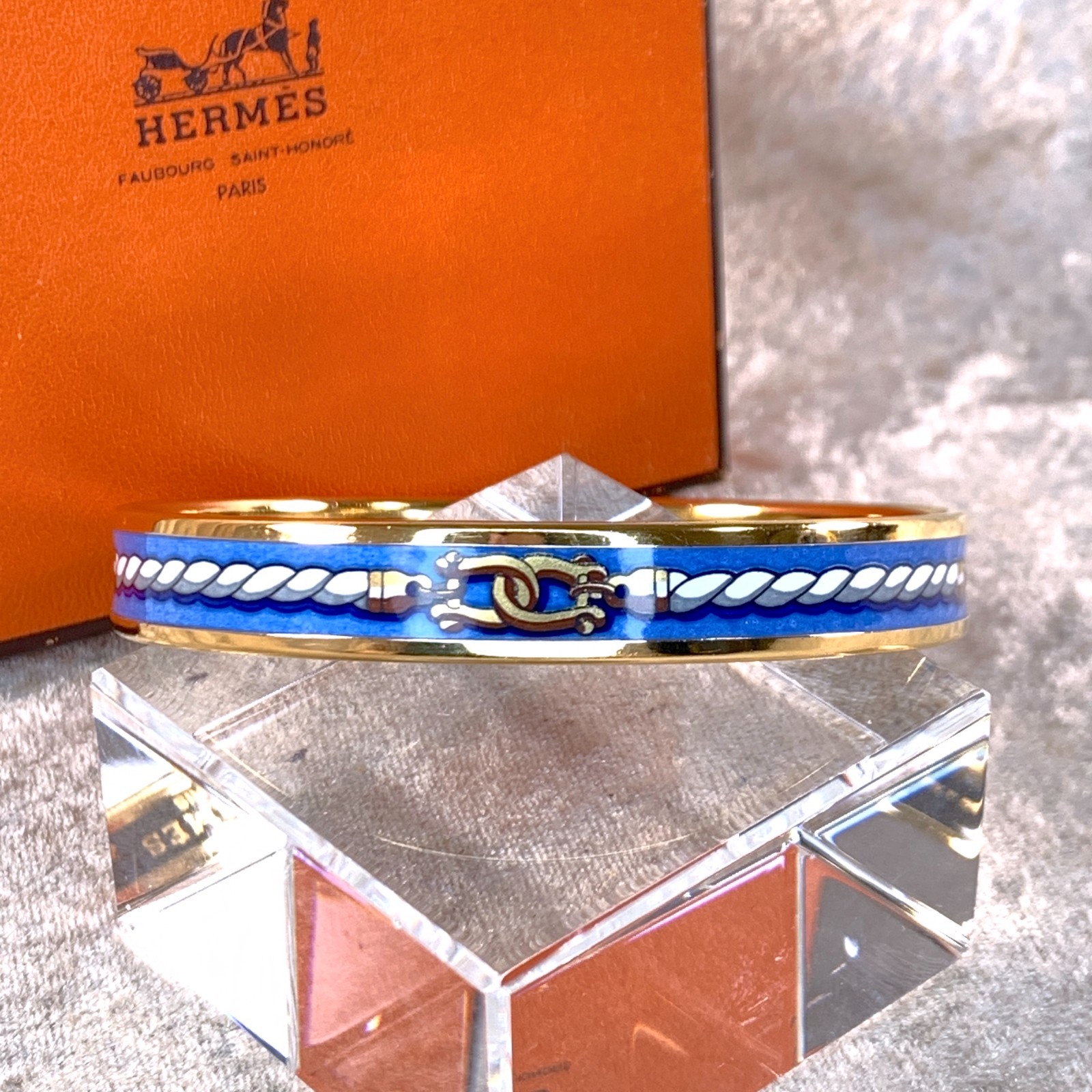 Vintage Hermes Enamel Bangle Bracelet Blue Enamel Gold Rim Size 70 with Case