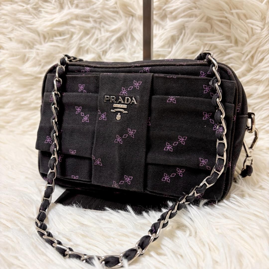PRADA Shoulder Bag Canvas Floral Vintage Triangle Logo Shoulder Strap Chain
