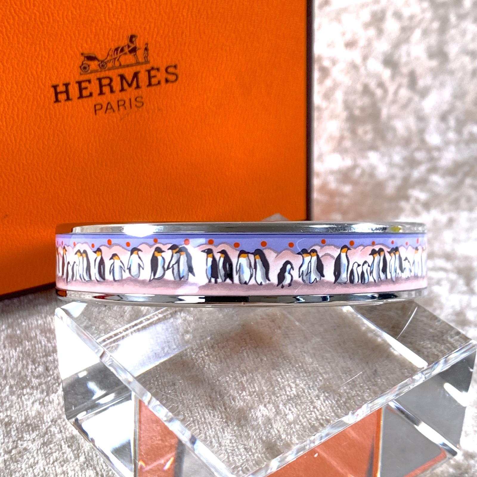 Vintage Hermes Paris Bangle Bracelet Purple Enamel Penguins Silver Rim Size 65