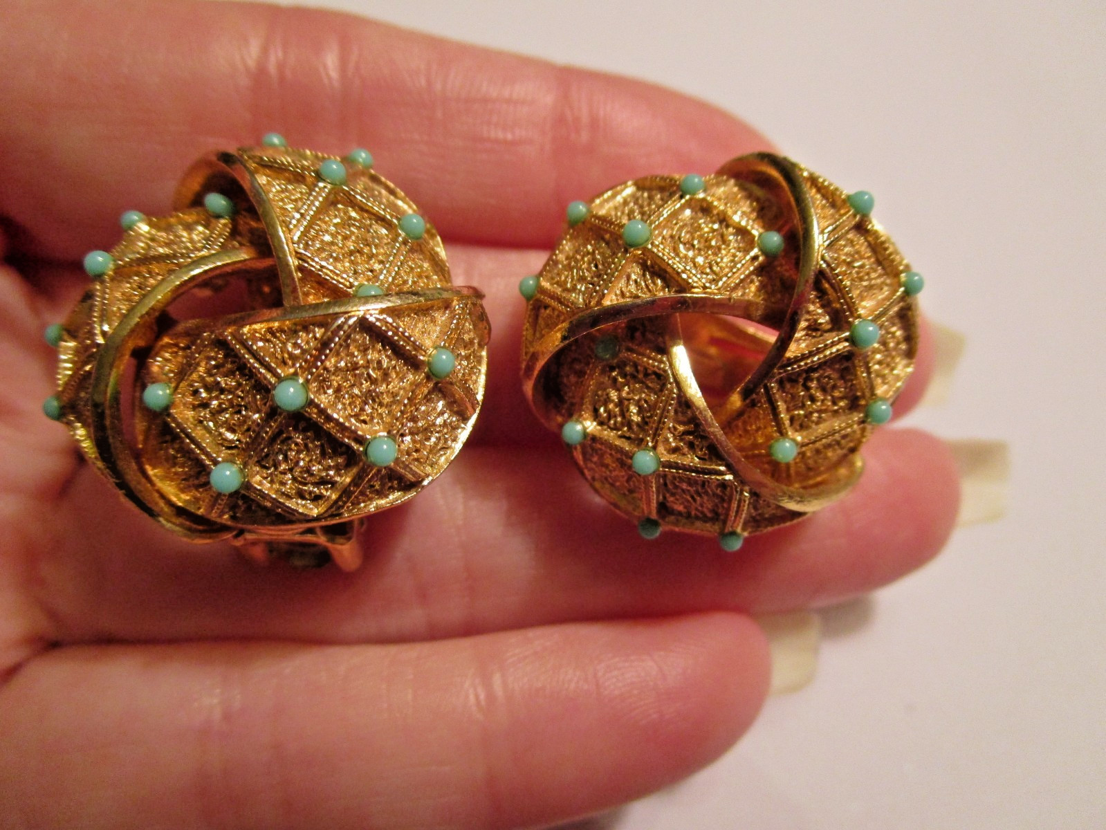 Vintage Balenciaga Paris Gold Tone Turquoise Ball Basket Weave Clip Earrings