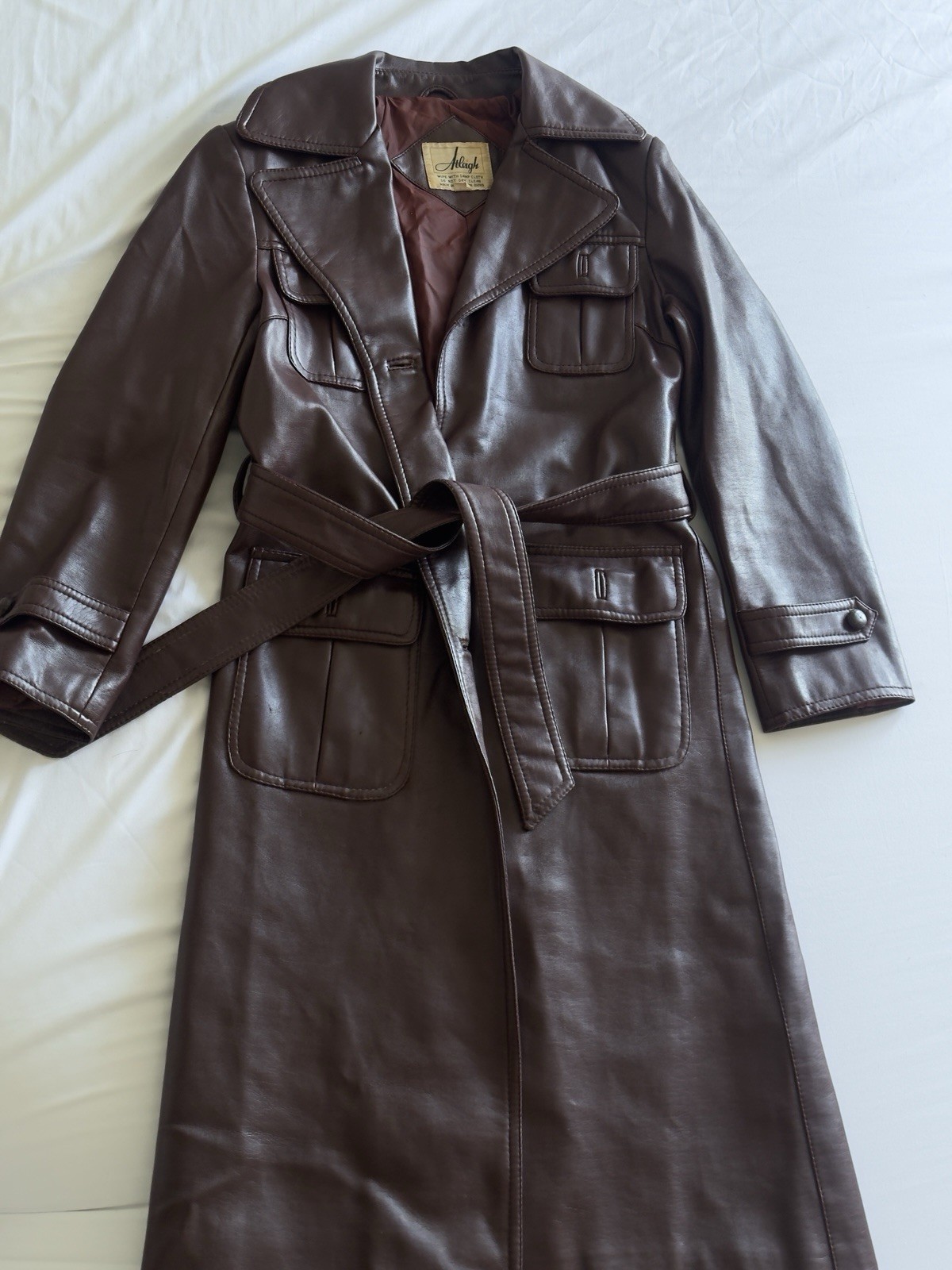Vintage Chocolate Brown Leather Trench Coat Belted Long Jacket Womens Si G2U