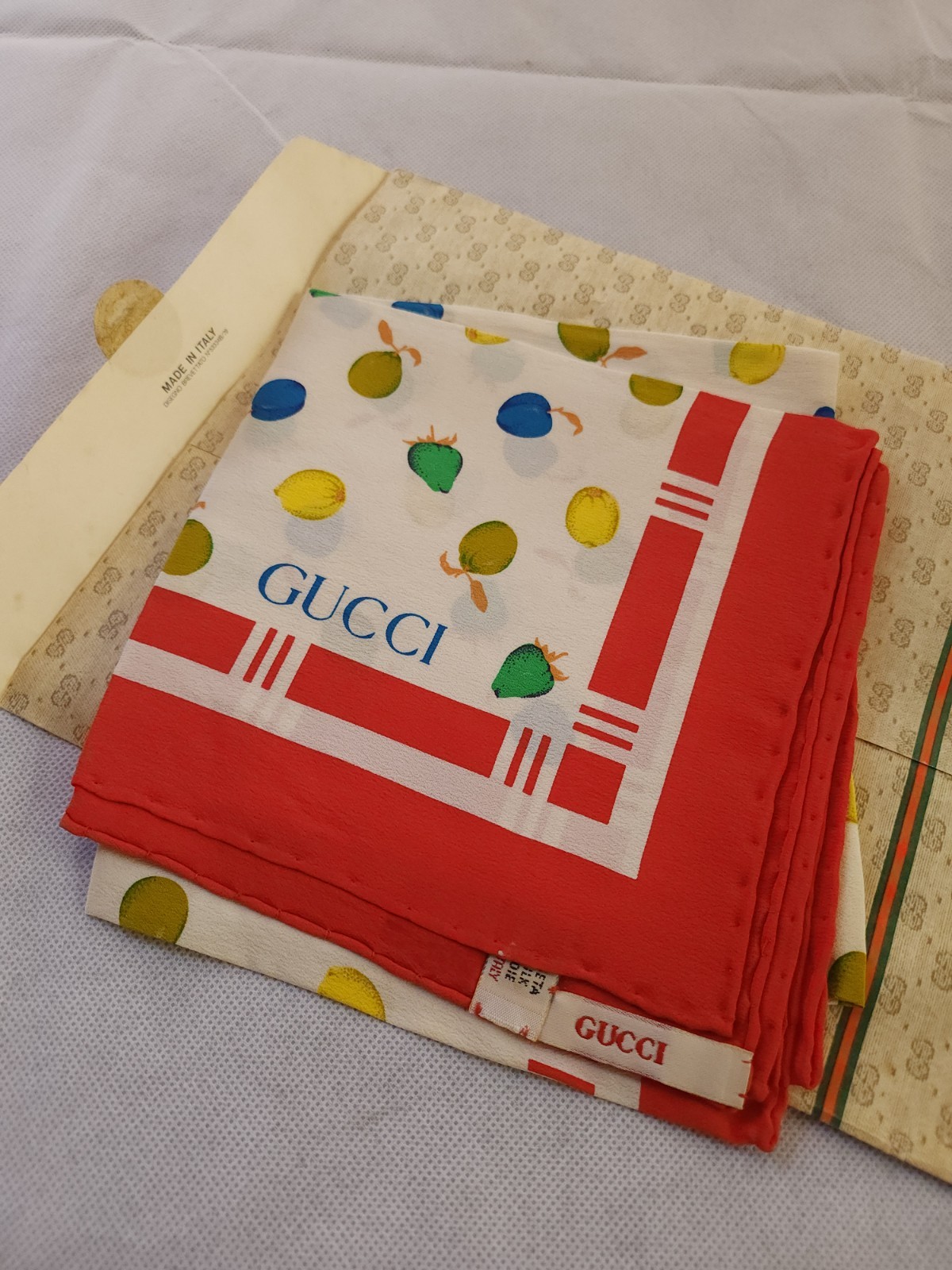 Vintage Gucci Fruit & Stripe Silk Scarf