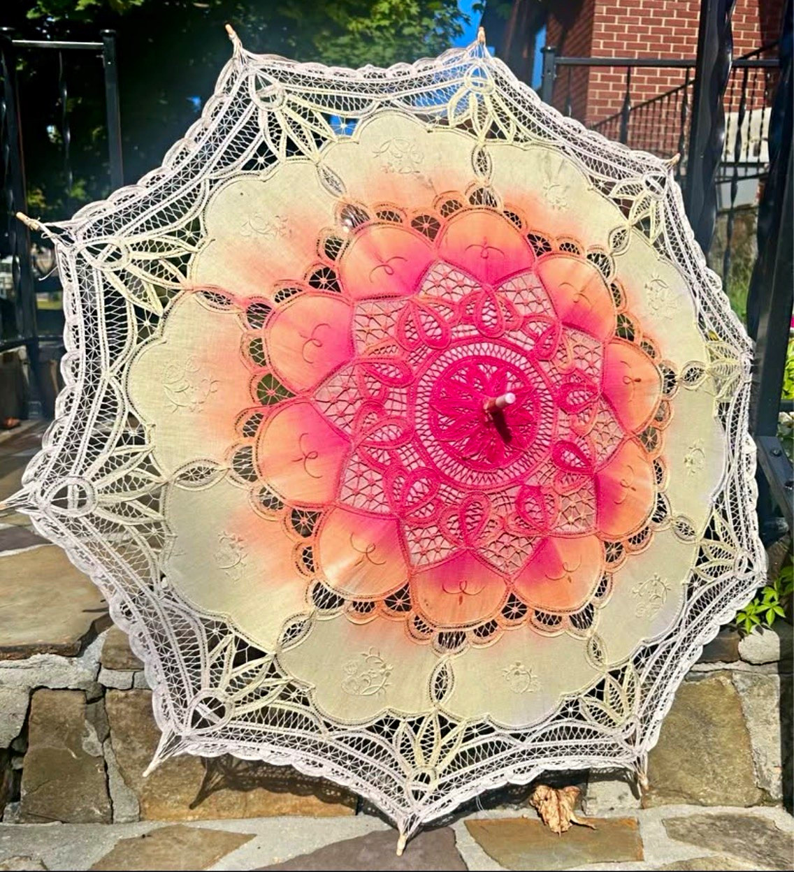 Vintage Victorian Lace Parasol Umbrella Ivory Pink Orange Floral Wood Handle
