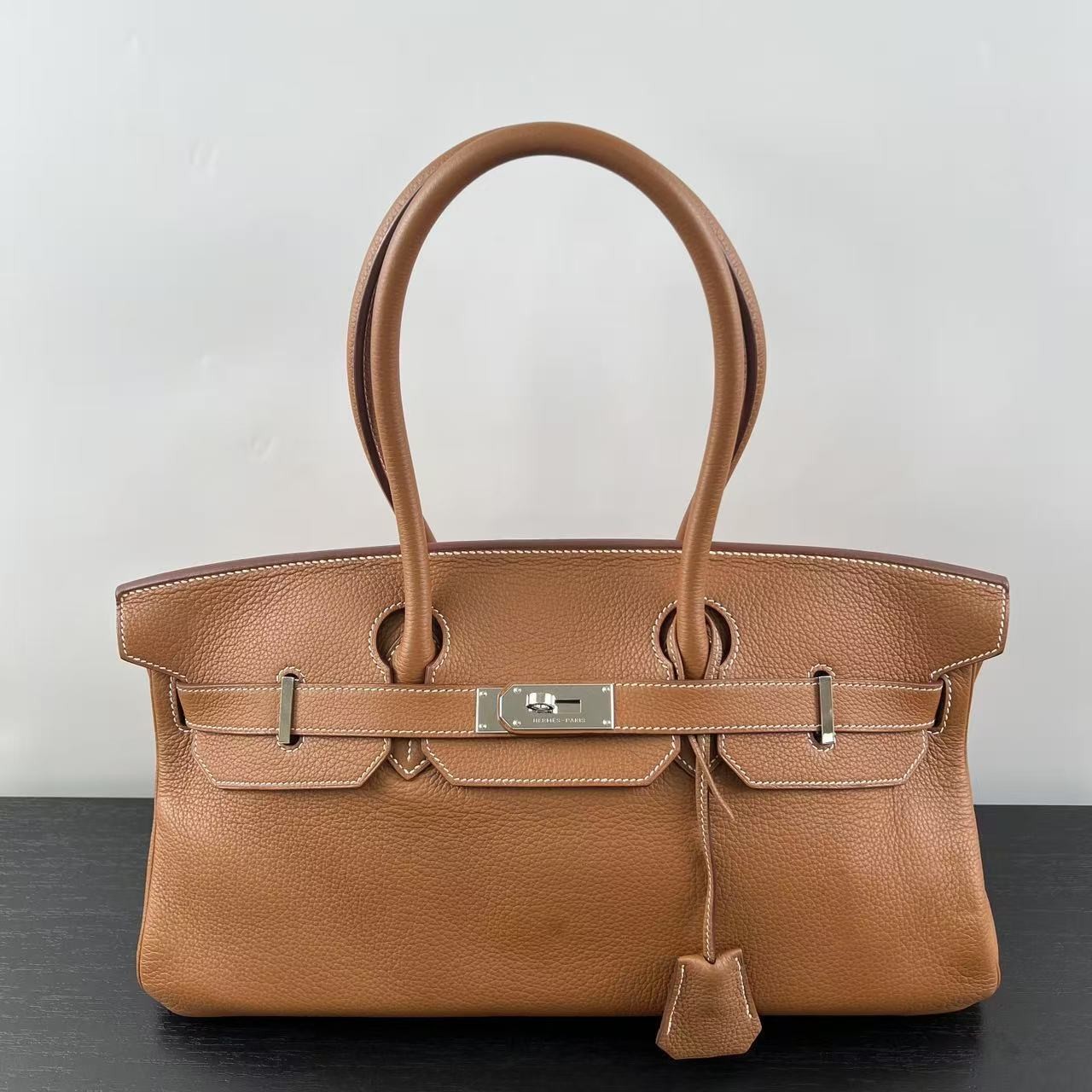 Auth Hermès Birkin Shoulder 42 Handbag Gold Leather Palladium Hardware Vintage